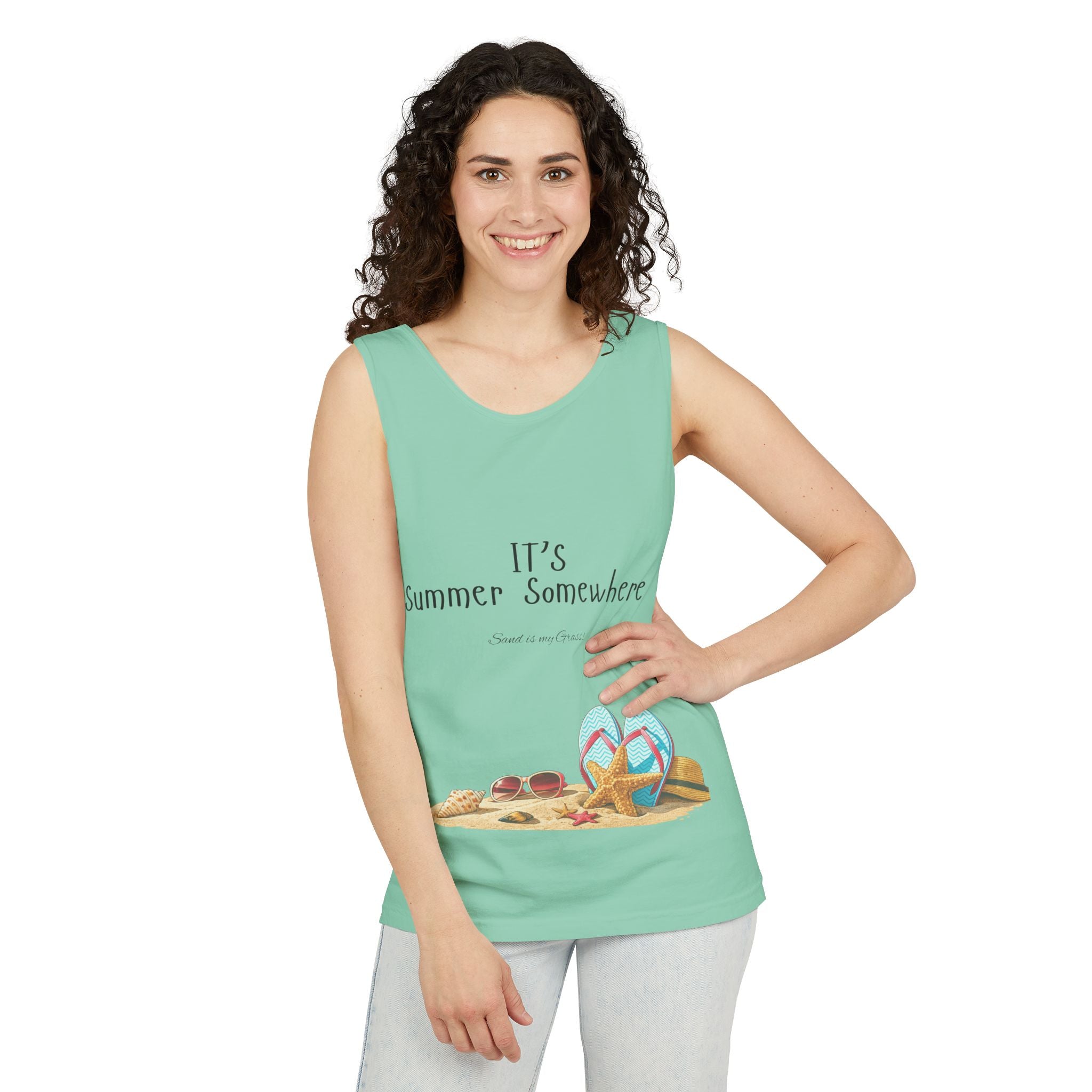 Beach Vibes Tank Top — "It’s Summer Somewhere" Flip-Flop & Sand Graphic