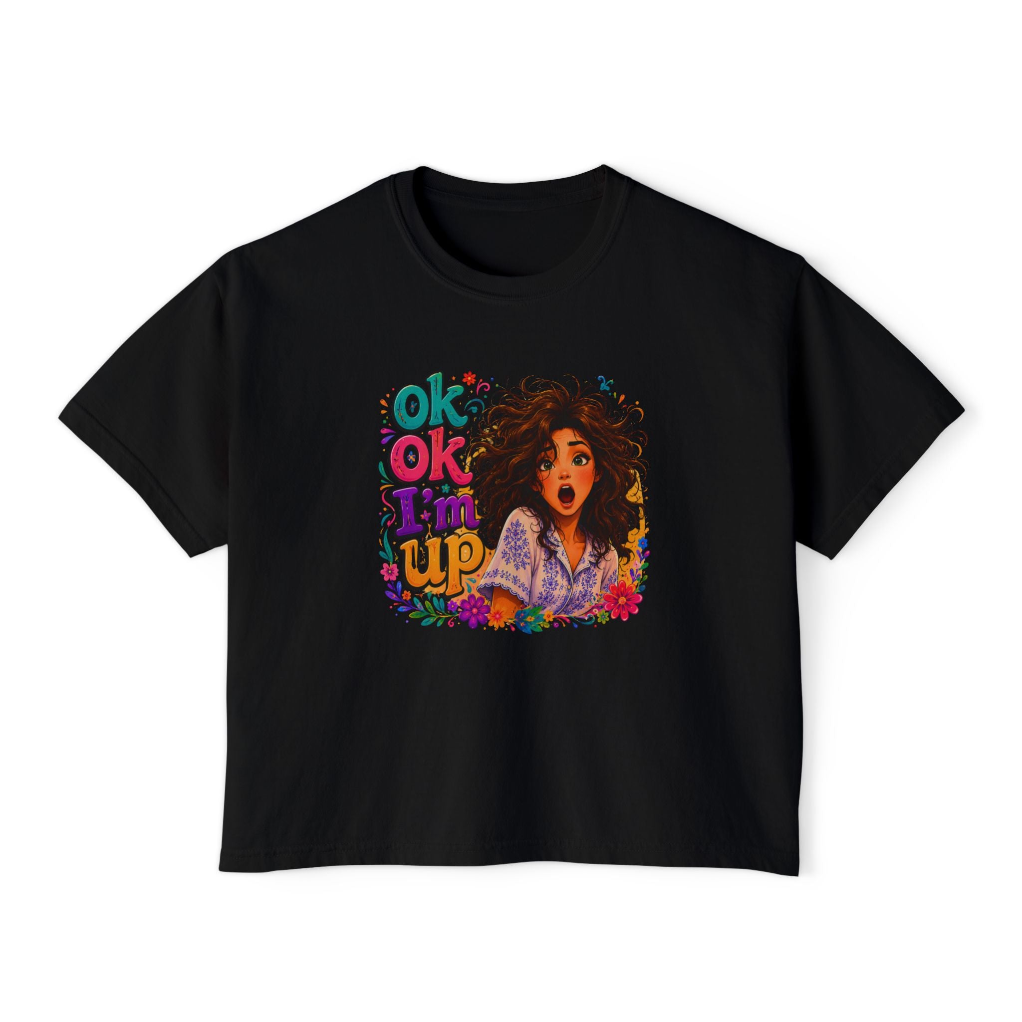 Women's Boxy Tee — 'Ok Ok I'm Up' Retro Floral Graphic Crop Top
