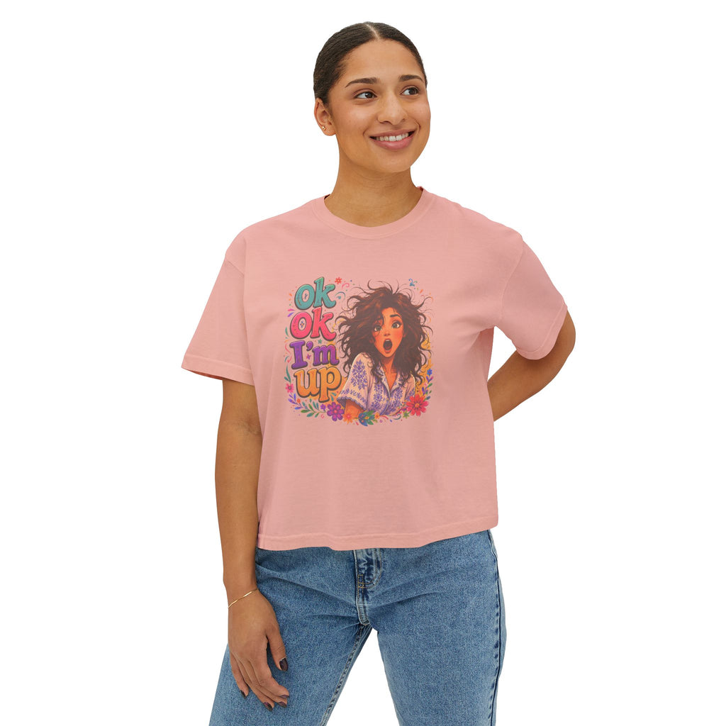 Women's Boxy Tee — 'Ok Ok I'm Up' Retro Floral Graphic Crop Top