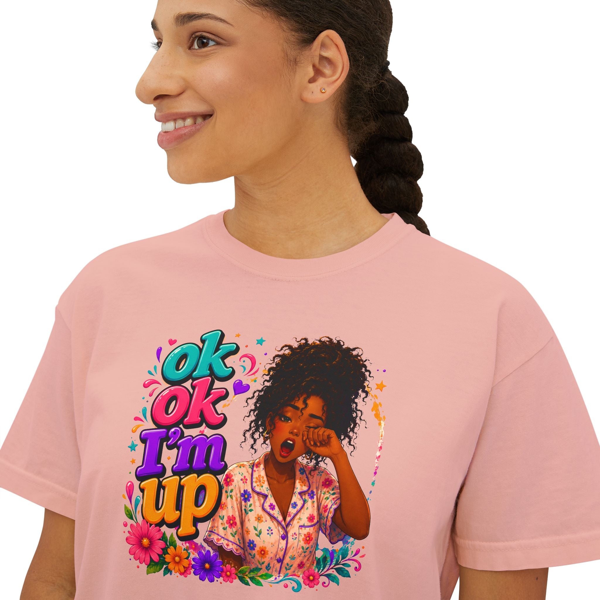 Women's 'Ok Ok I'm Up' Boxy Tee - Retro Floral Graphic Cropped T-Shirt