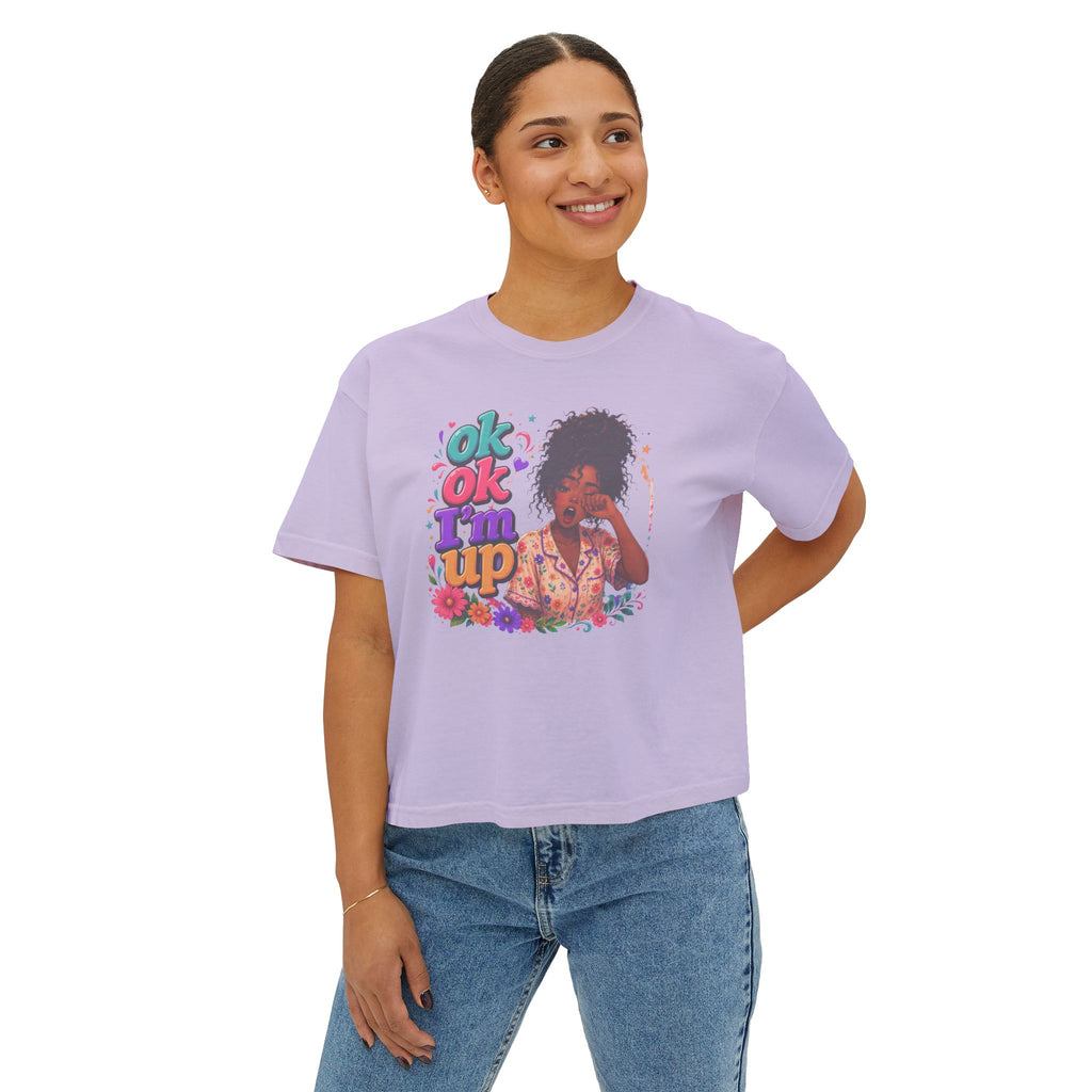 Women's 'Ok Ok I'm Up' Boxy Tee - Retro Floral Graphic Cropped T-Shirt