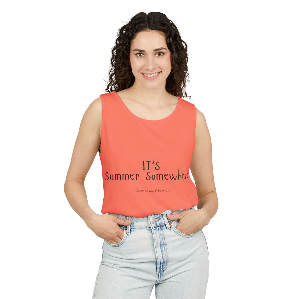 Beach Vibes Tank Top — "It’s Summer Somewhere" Flip-Flop & Sand Graphic