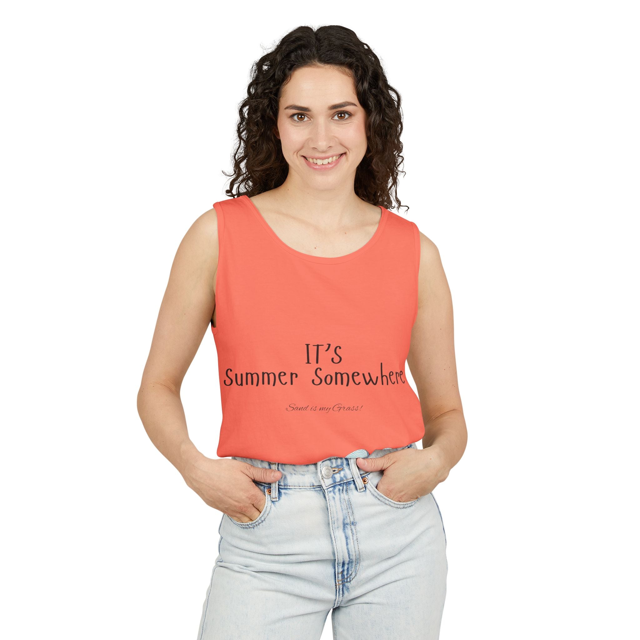 Beach Vibes Tank Top — "It’s Summer Somewhere" Flip-Flop & Sand Graphic