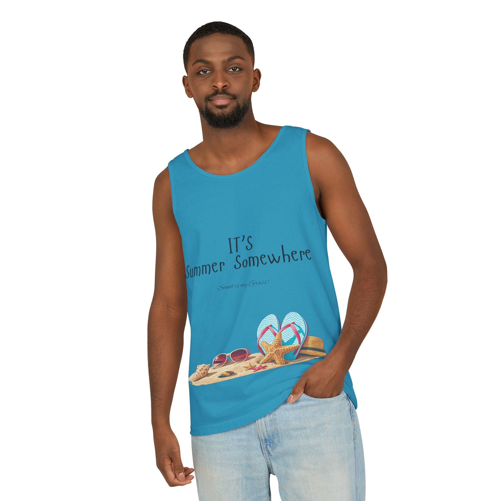 Beach Vibes Tank Top — "It’s Summer Somewhere" Flip-Flop & Sand Graphic