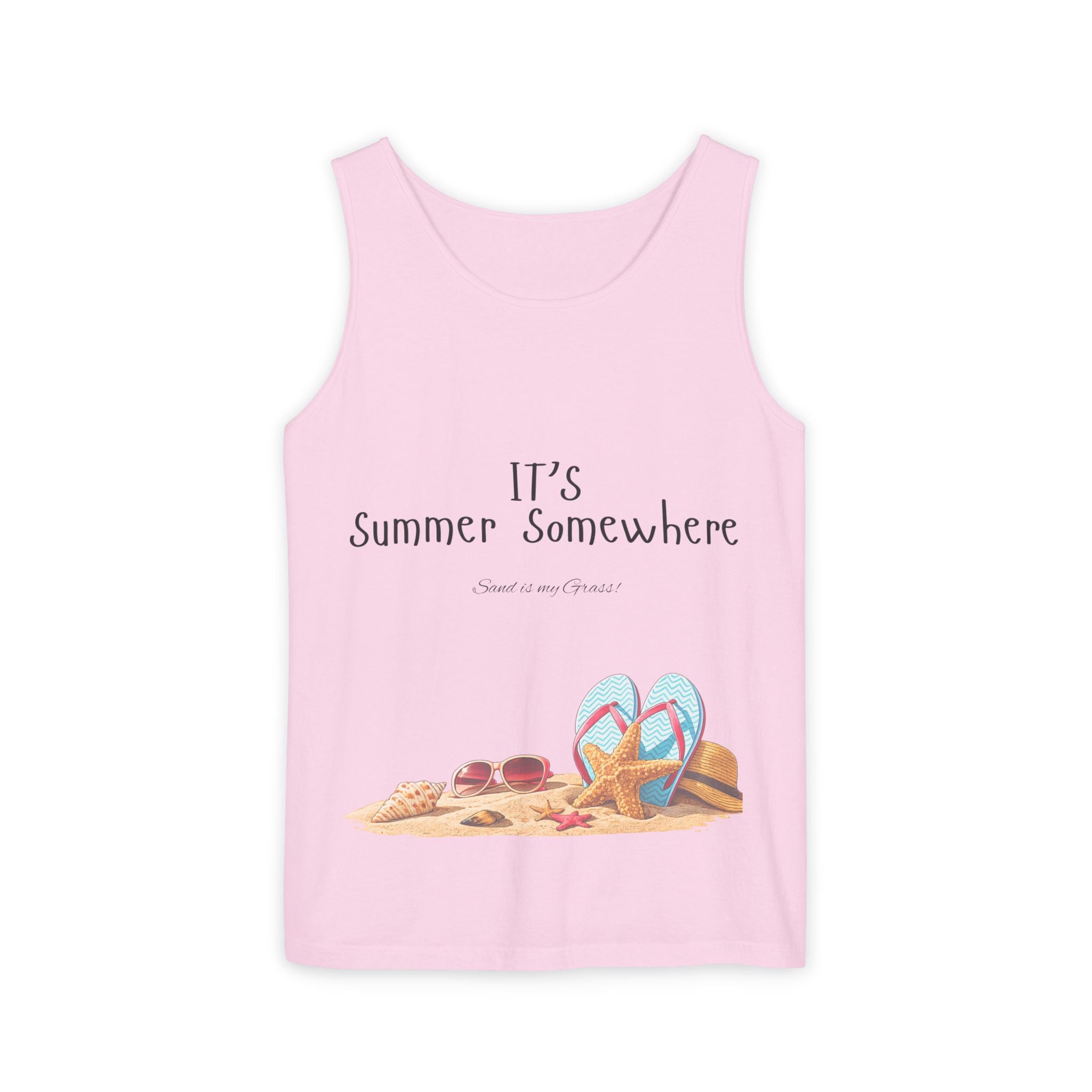 Beach Vibes Tank Top — "It’s Summer Somewhere" Flip-Flop & Sand Graphic