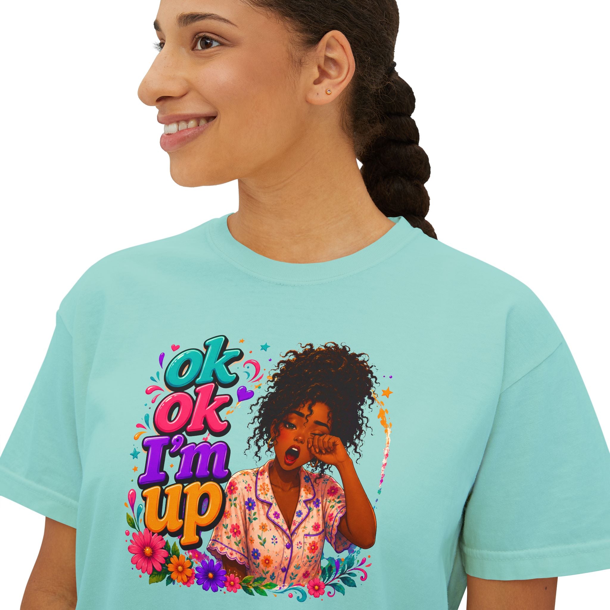 Women's 'Ok Ok I'm Up' Boxy Tee - Retro Floral Graphic Cropped T-Shirt