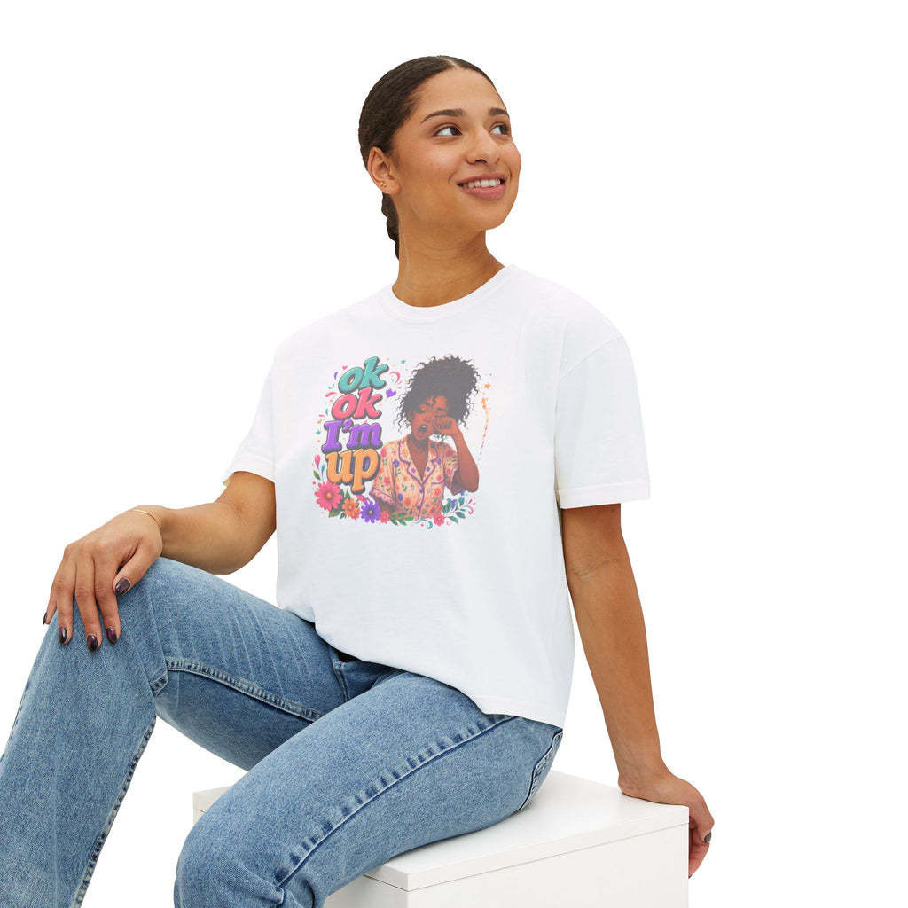 Women's 'Ok Ok I'm Up' Boxy Tee - Retro Floral Graphic Cropped T-Shirt