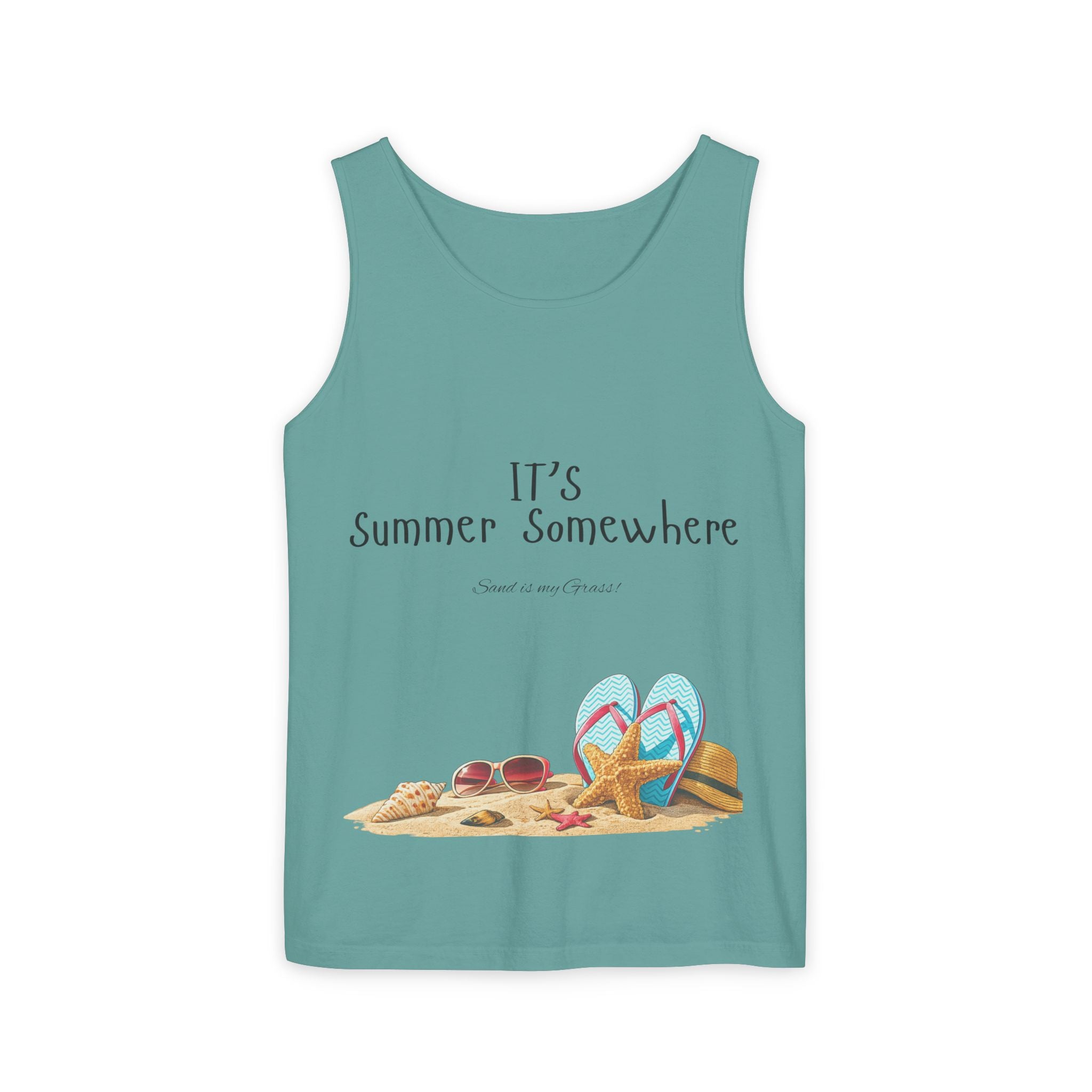Beach Vibes Tank Top — "It’s Summer Somewhere" Flip-Flop & Sand Graphic