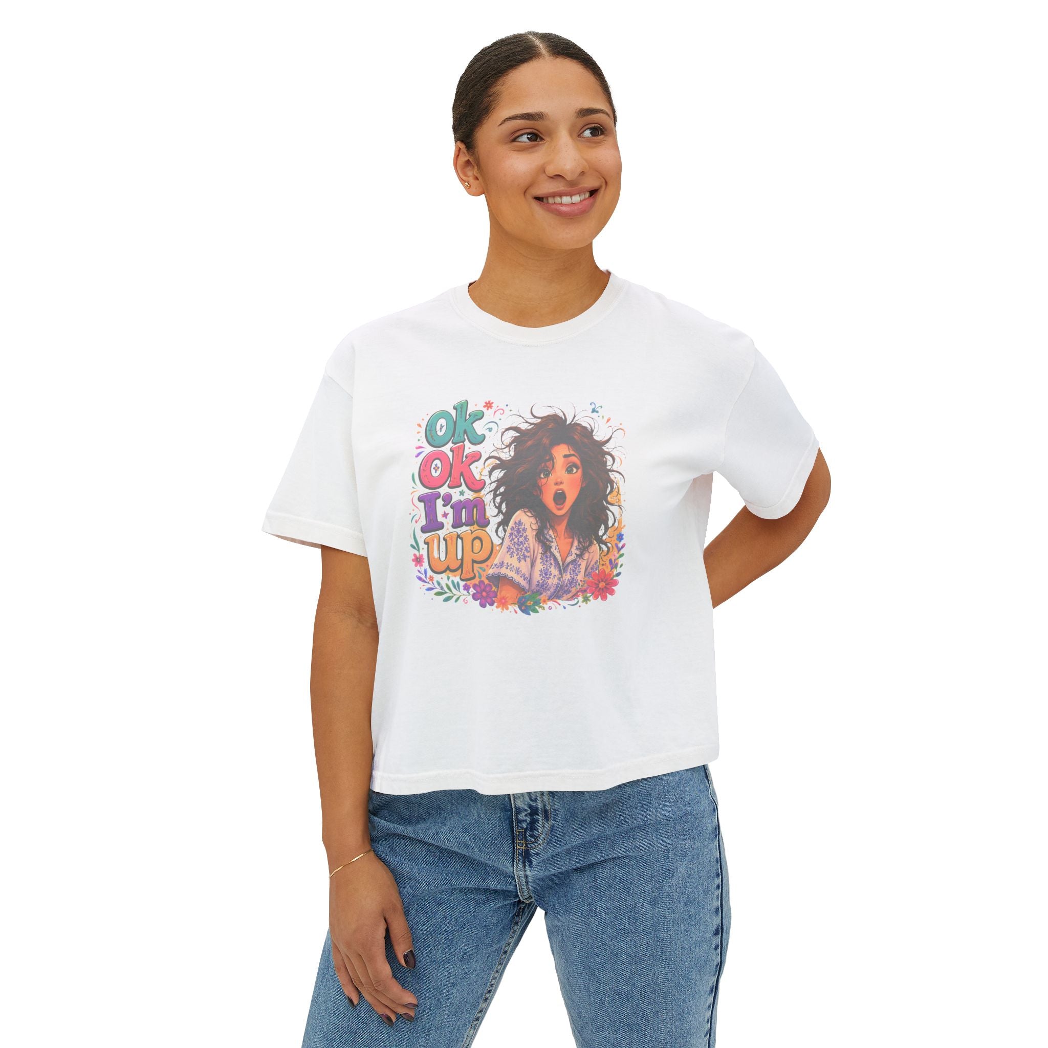 Women's Boxy Tee — 'Ok Ok I'm Up' Retro Floral Graphic Crop Top