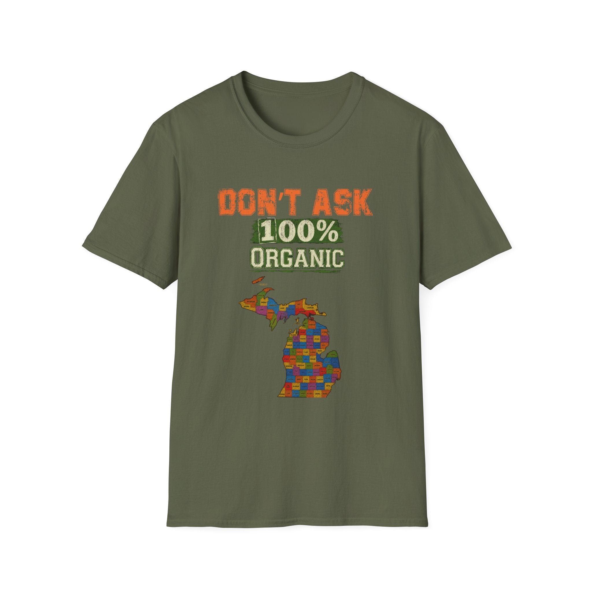 T-Shirt — "Don't Ask 100% Organic" Michigan Puzzle-Map Tee