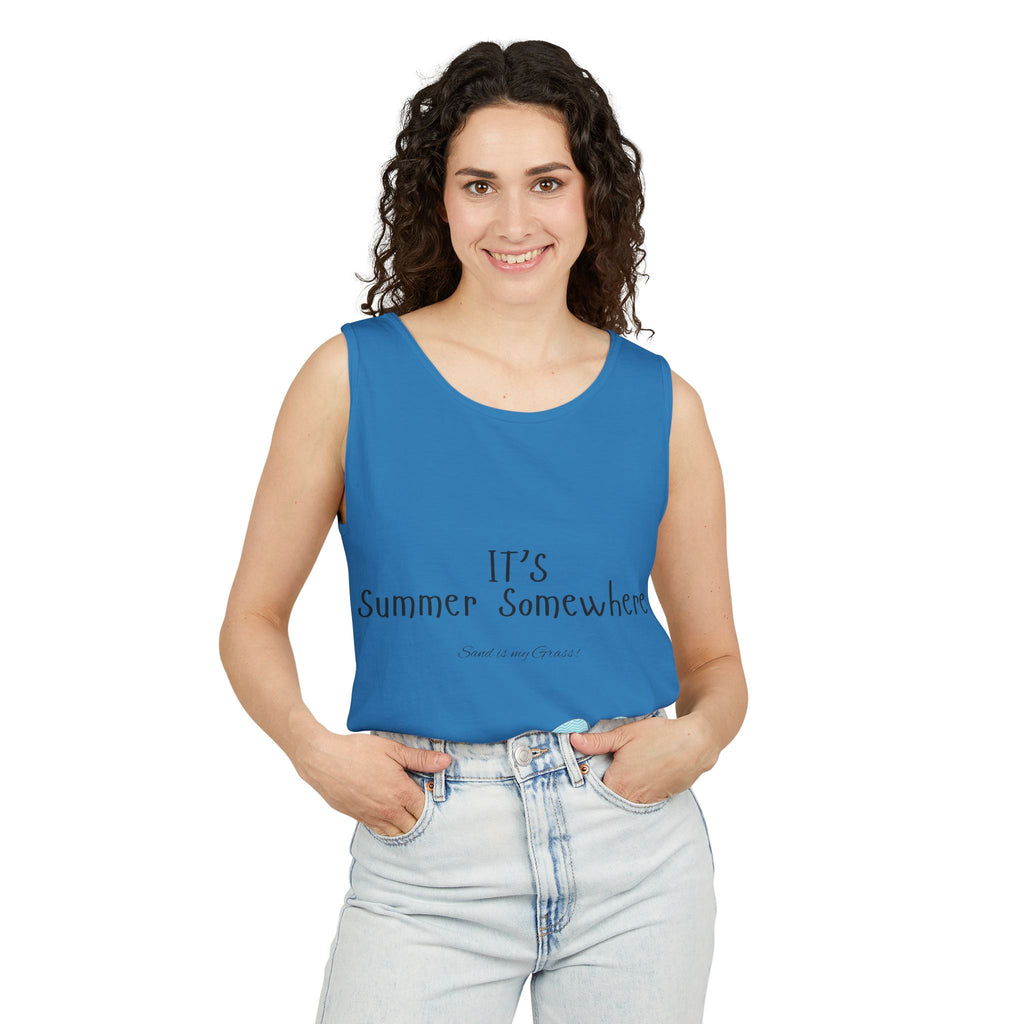 Beach Vibes Tank Top — "It’s Summer Somewhere" Flip-Flop & Sand Graphic