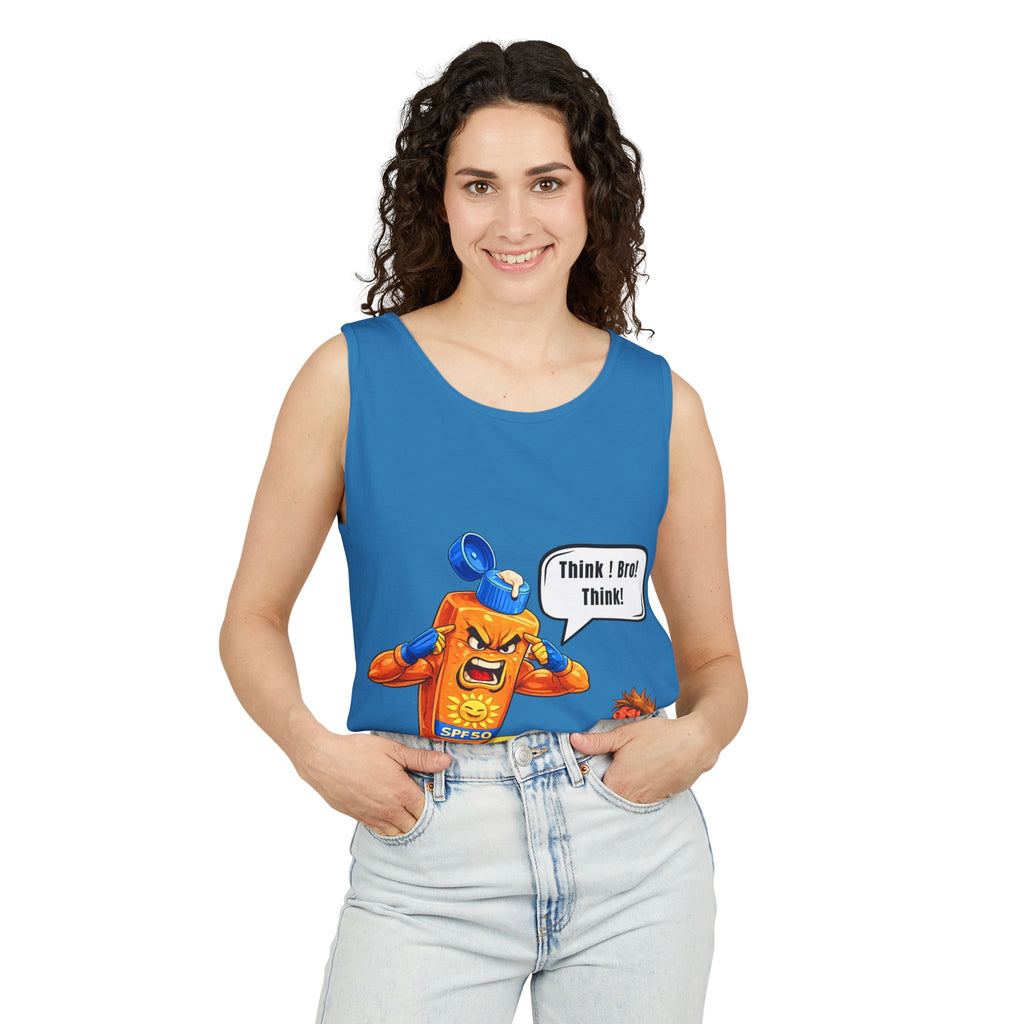 Sunscreen Mascot Tank Top — "Think! Bro! Think!" Vintage Safety Graphic