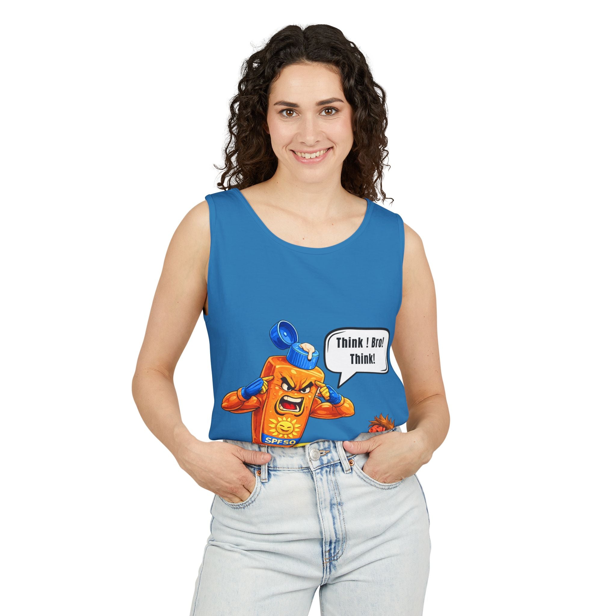 Sunscreen Mascot Tank Top — "Think! Bro! Think!" Vintage Safety Graphic
