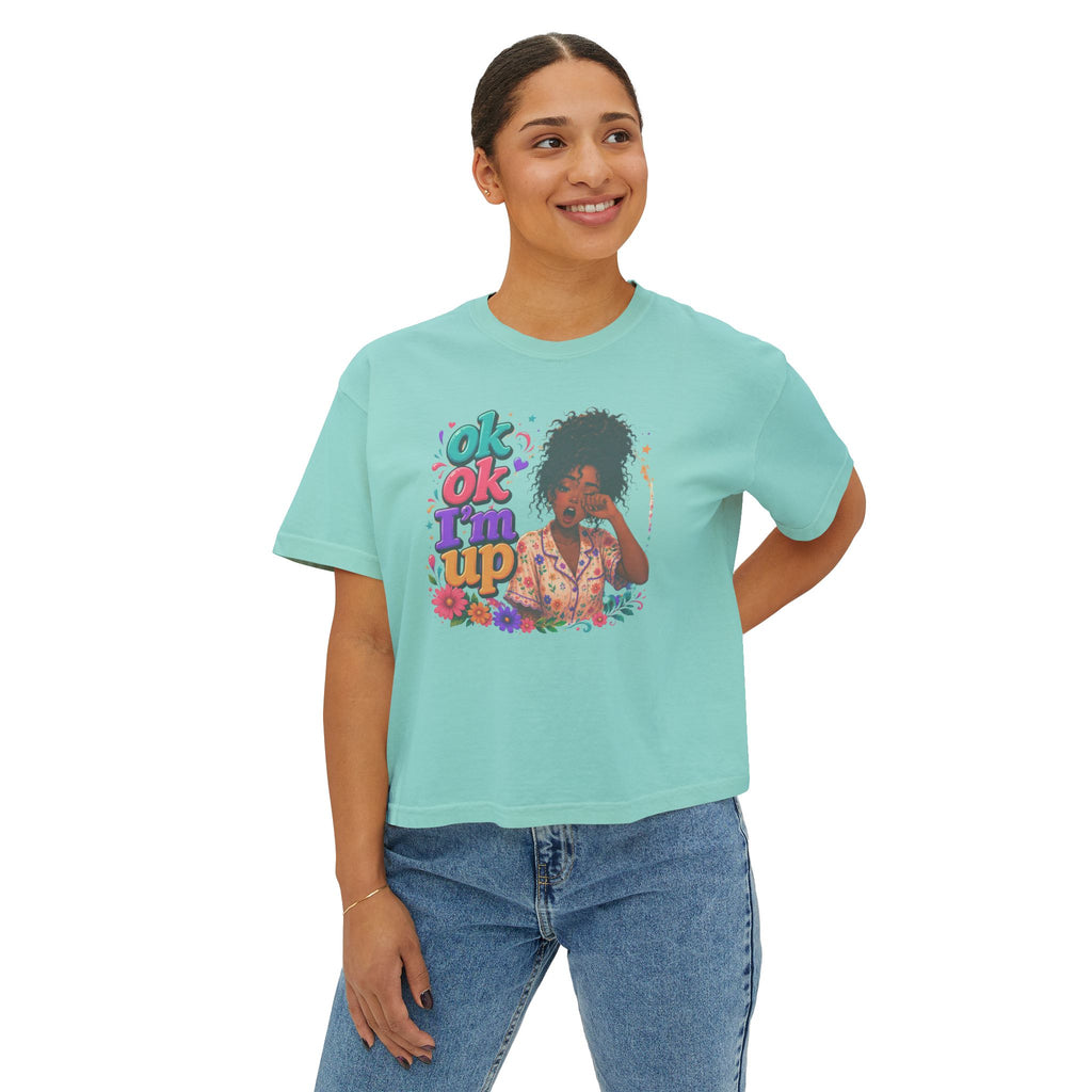 Women's 'Ok Ok I'm Up' Boxy Tee - Retro Floral Graphic Cropped T-Shirt