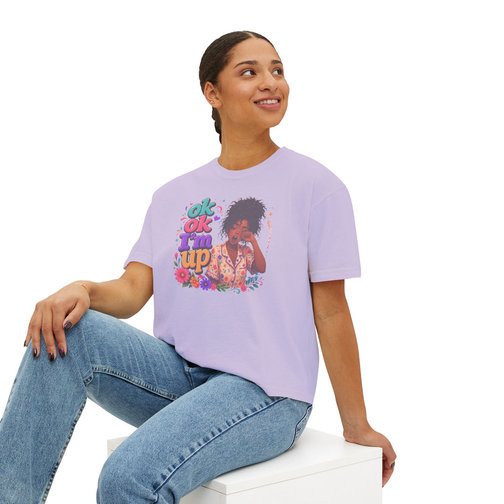 Women's 'Ok Ok I'm Up' Boxy Tee - Retro Floral Graphic Cropped T-Shirt