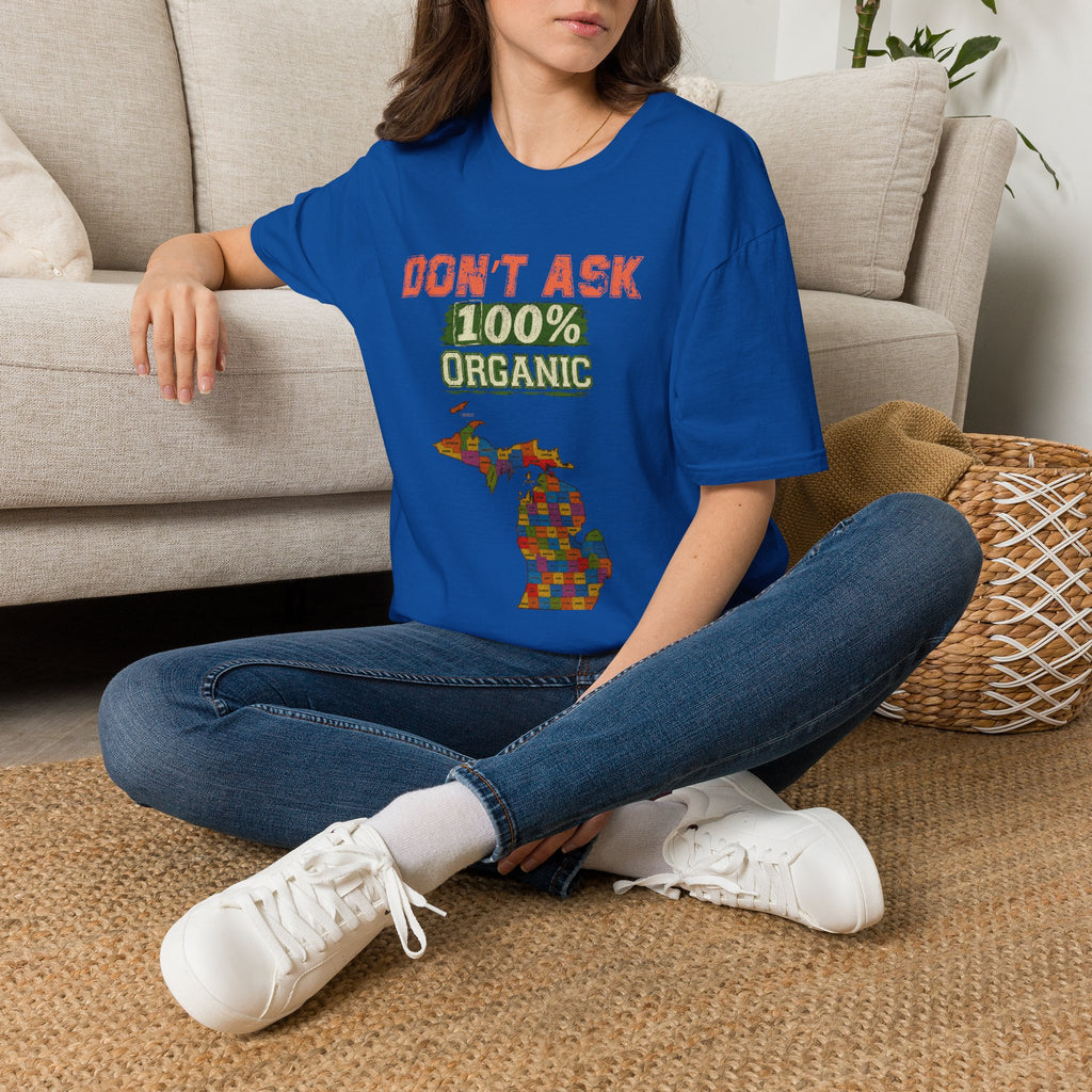 T-Shirt — "Don't Ask 100% Organic" Michigan Puzzle-Map Tee