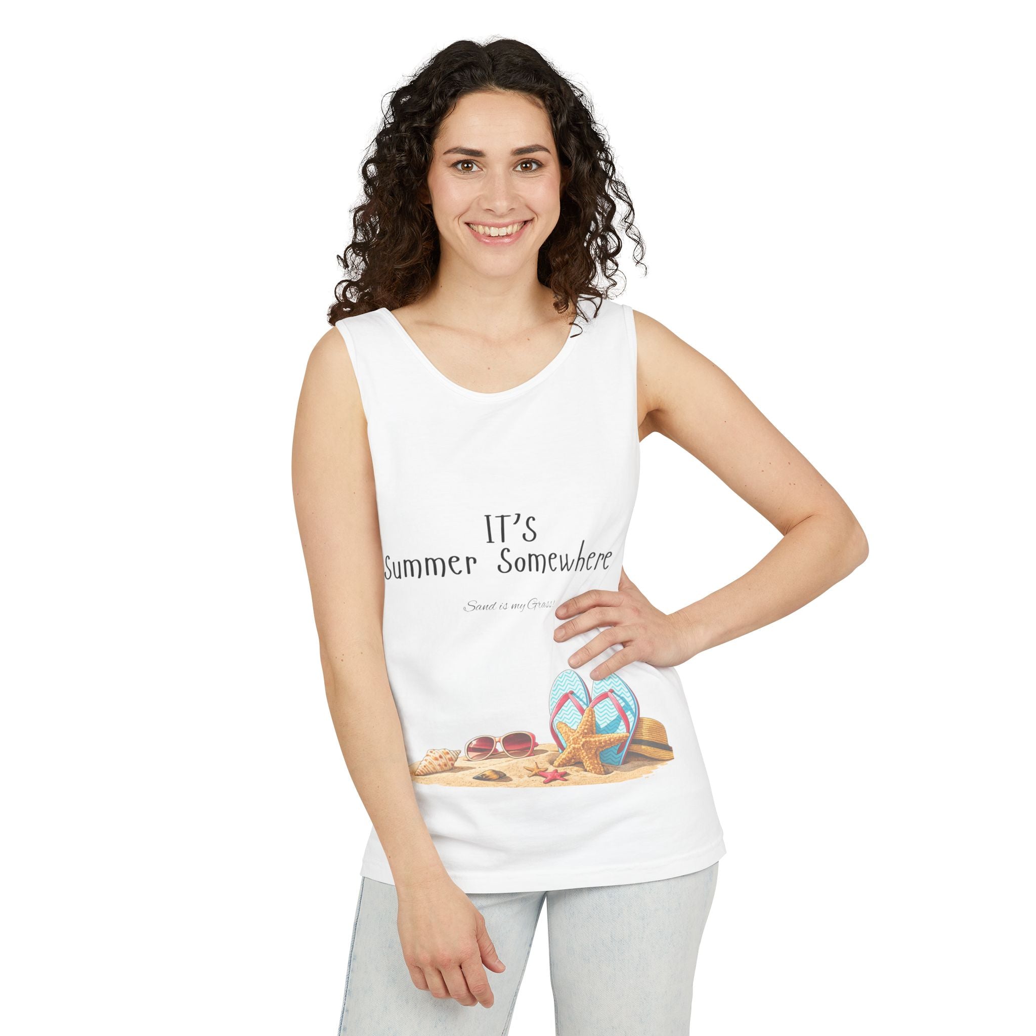 Beach Vibes Tank Top — "It’s Summer Somewhere" Flip-Flop & Sand Graphic