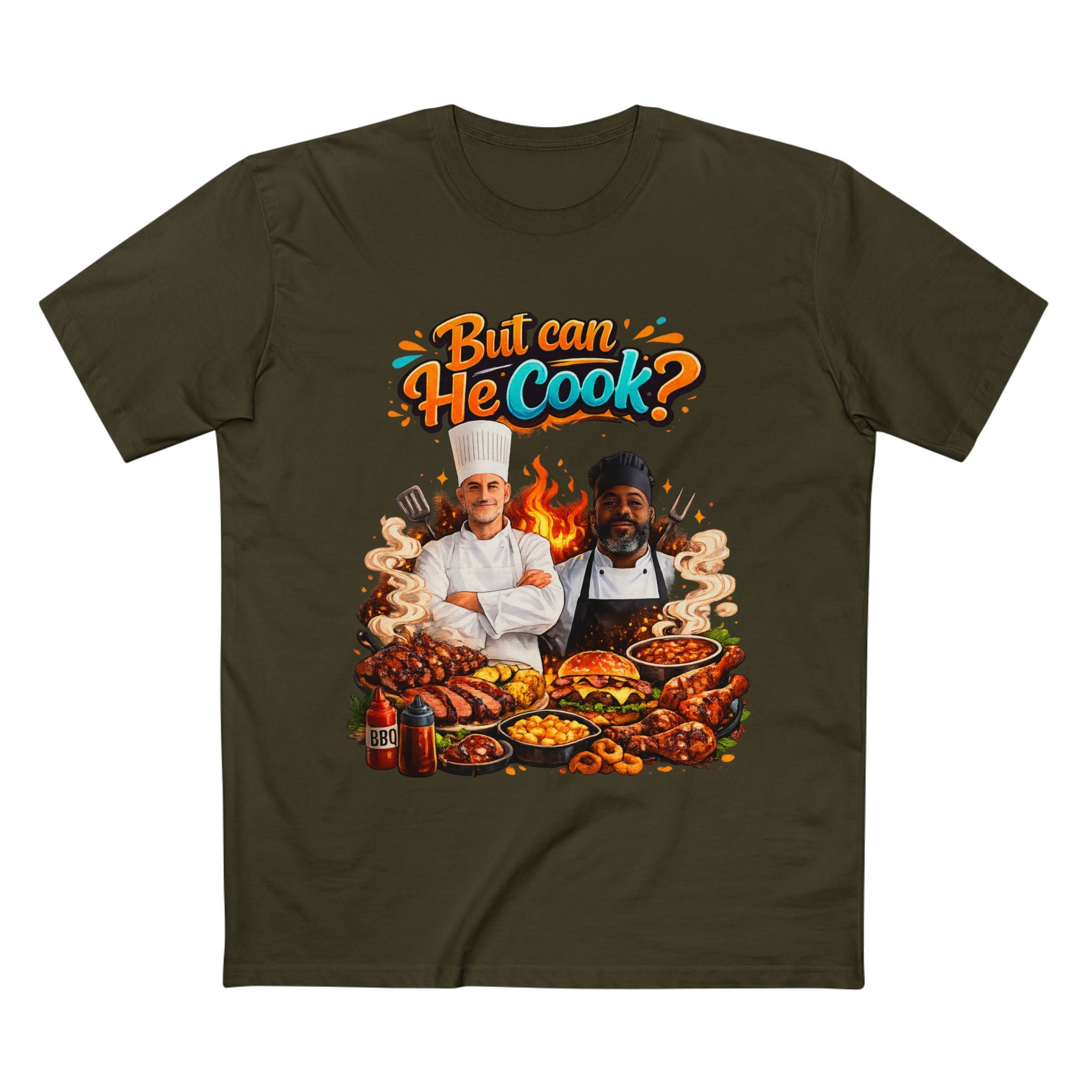 But Can He Cook? T-Shirt — Funny Chef BBQ Cooking Tee