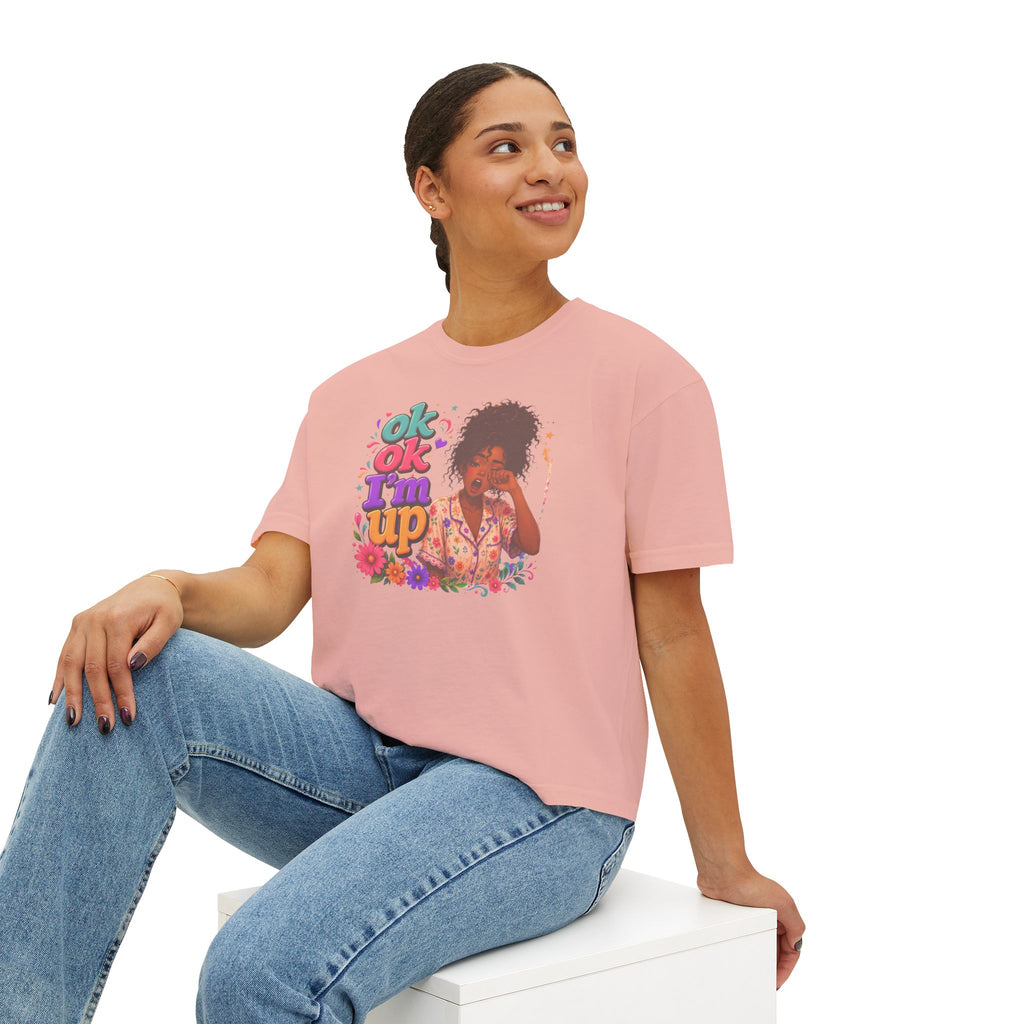 Women's 'Ok Ok I'm Up' Boxy Tee - Retro Floral Graphic Cropped T-Shirt