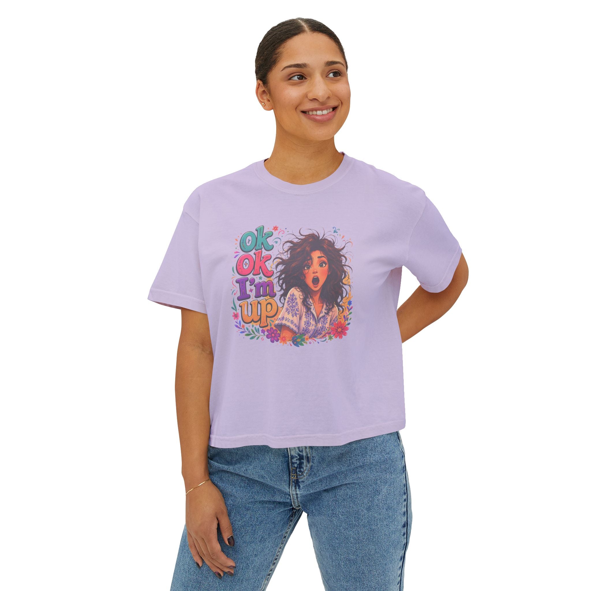 Women's Boxy Tee — 'Ok Ok I'm Up' Retro Floral Graphic Crop Top