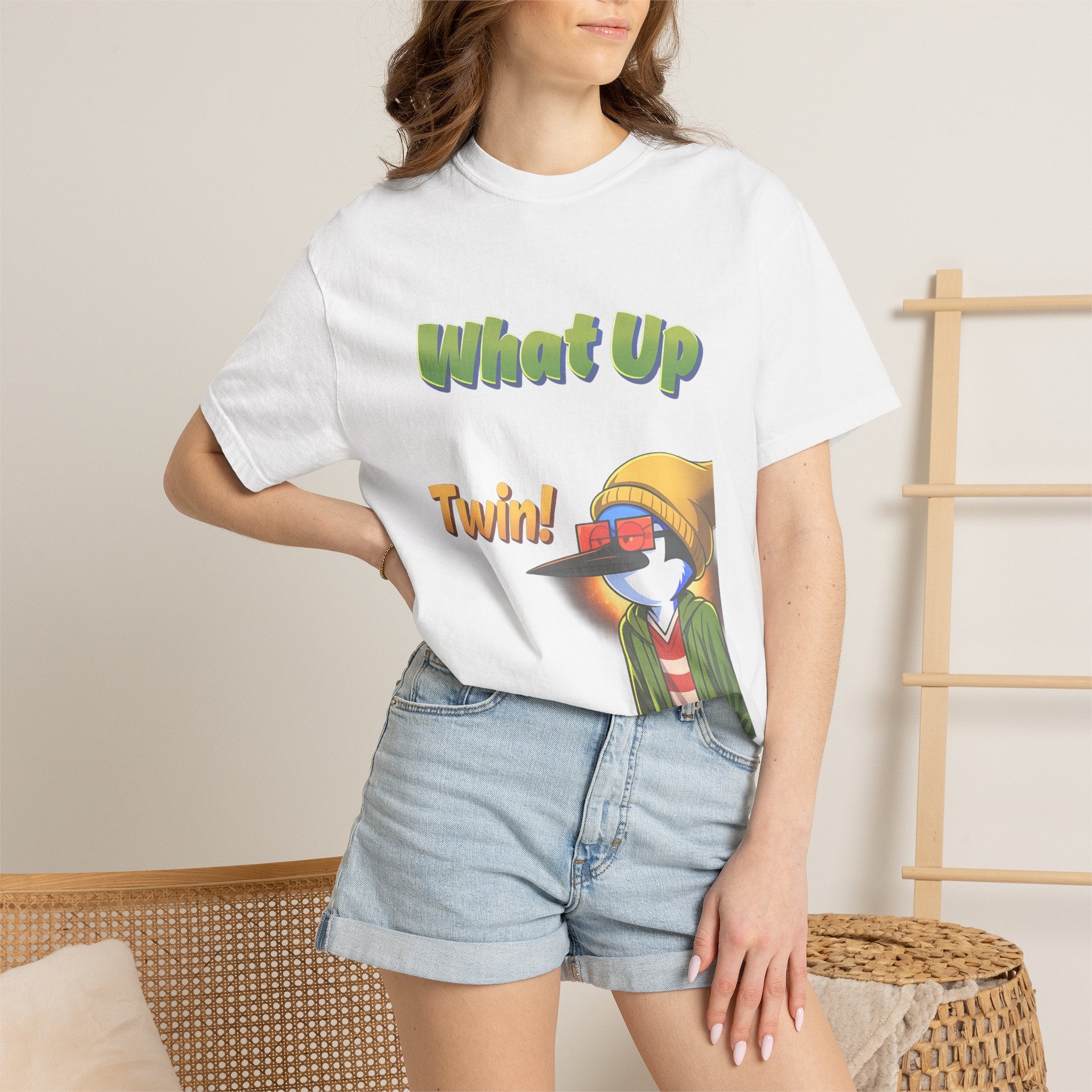Green What Up Twin! Graphic T-Shirt — Cute Cartoon Character Tee