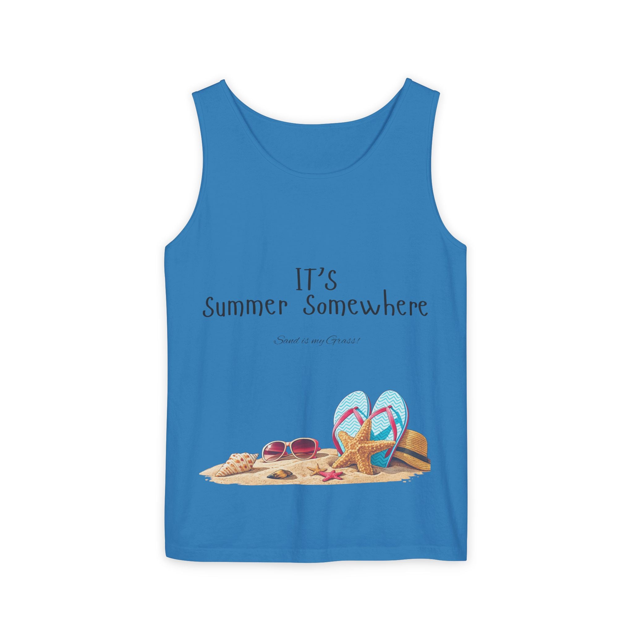 Beach Vibes Tank Top — "It’s Summer Somewhere" Flip-Flop & Sand Graphic