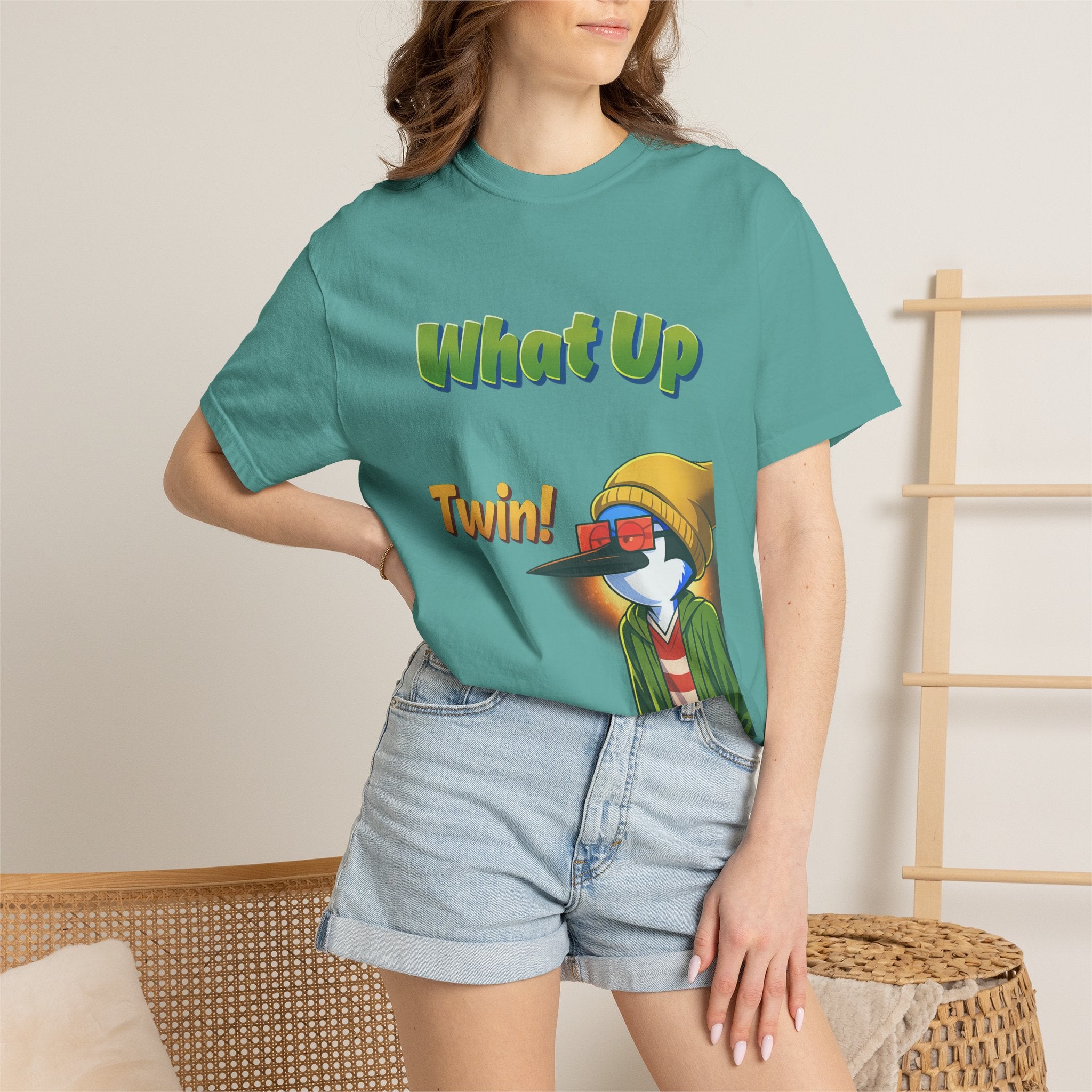 Green What Up Twin! Graphic T-Shirt — Cute Cartoon Character Tee