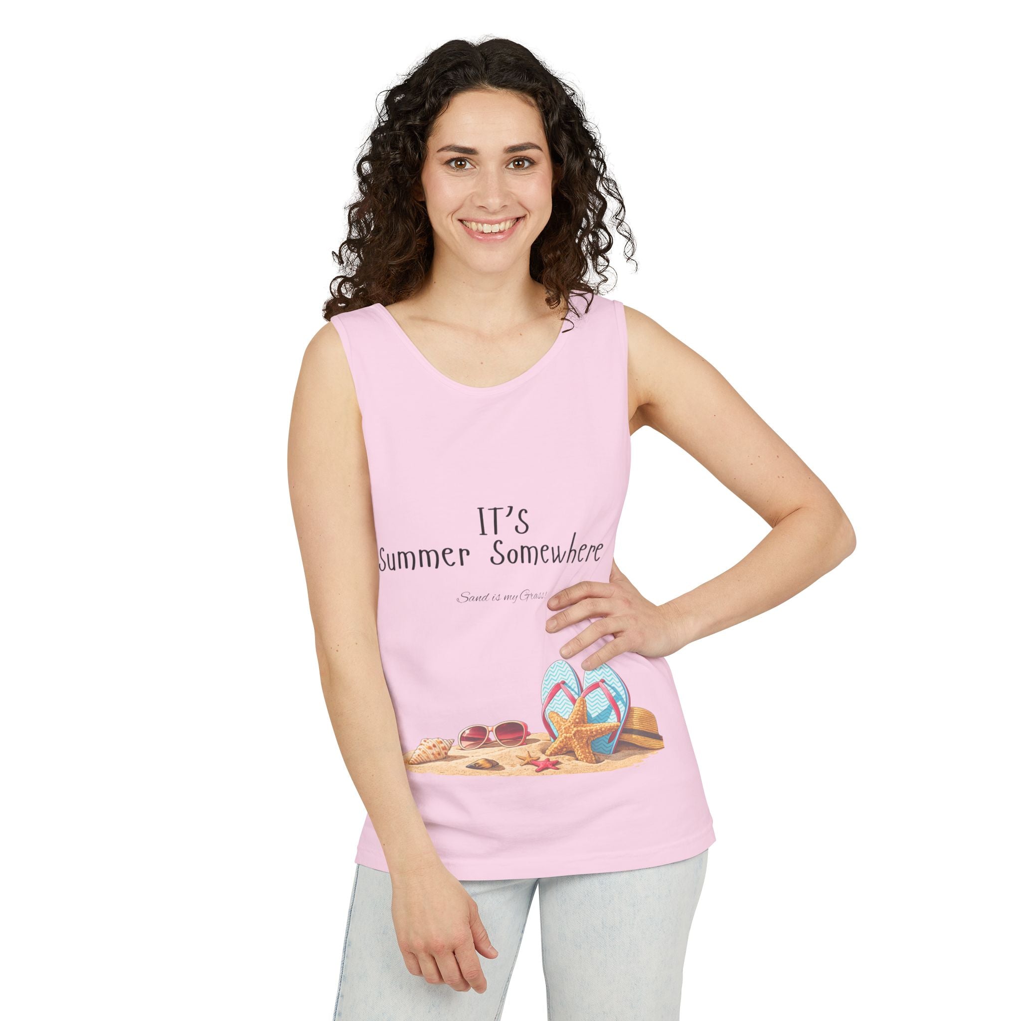 Beach Vibes Tank Top — "It’s Summer Somewhere" Flip-Flop & Sand Graphic