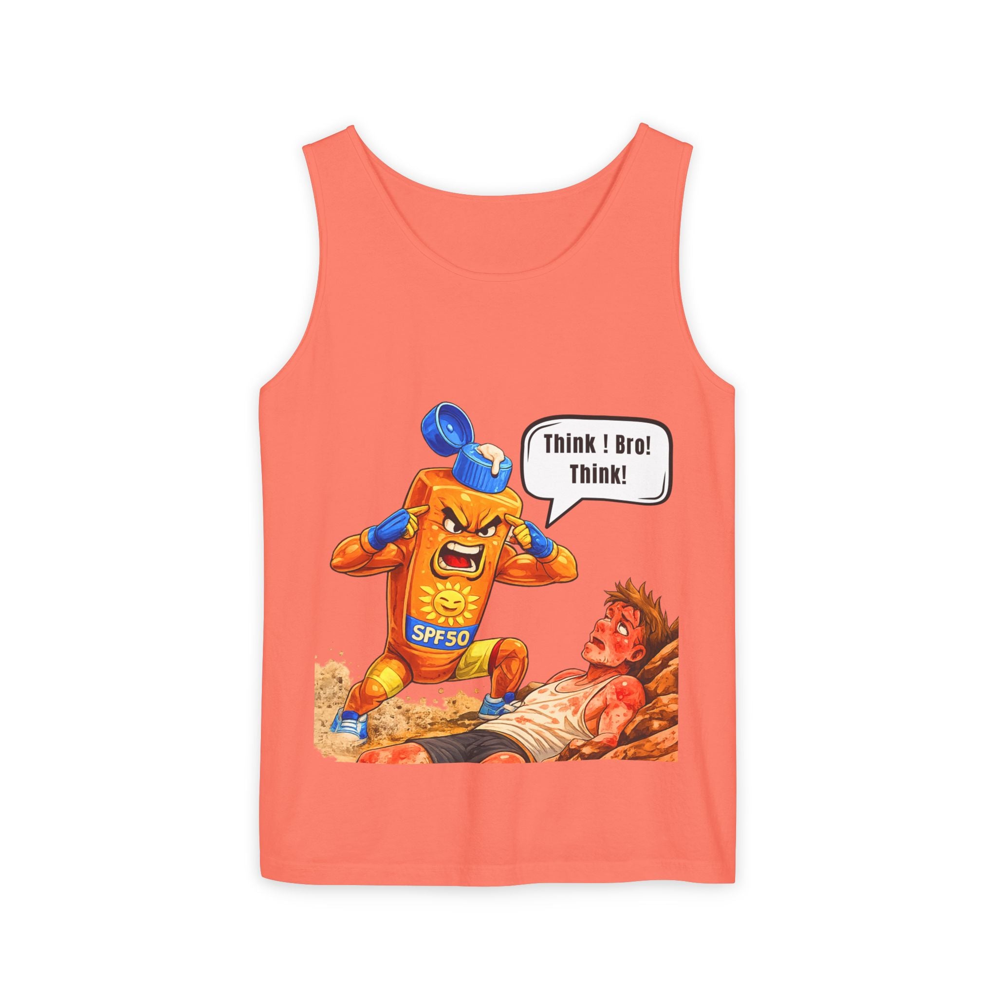 Sunscreen Mascot Tank Top — "Think! Bro! Think!" Vintage Safety Graphic
