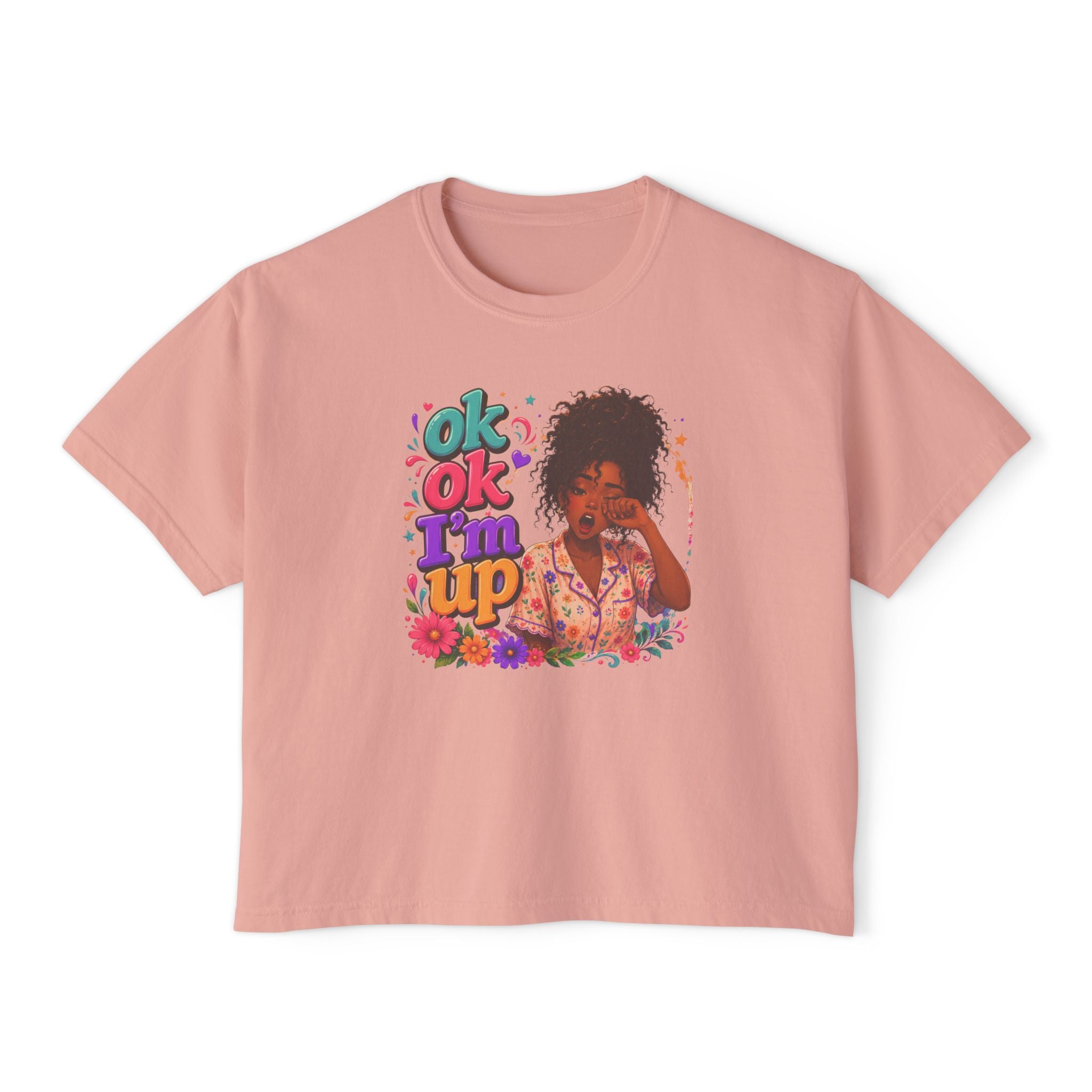 Women's 'Ok Ok I'm Up' Boxy Tee - Retro Floral Graphic Cropped T-Shirt