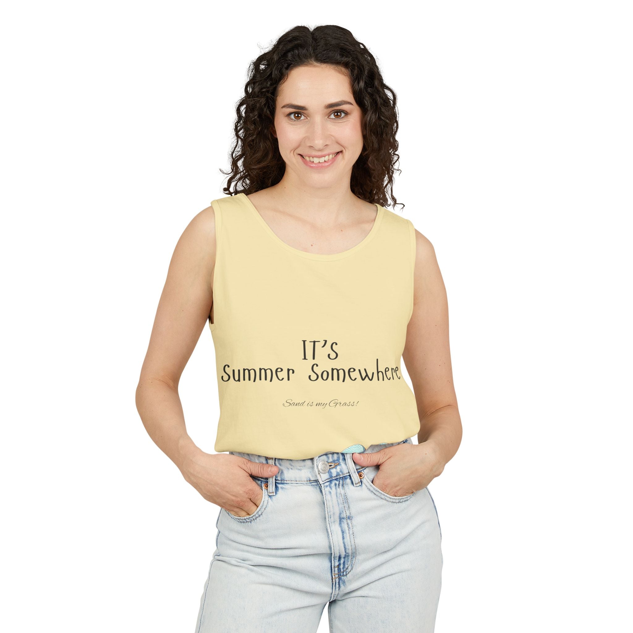 Beach Vibes Tank Top — "It’s Summer Somewhere" Flip-Flop & Sand Graphic