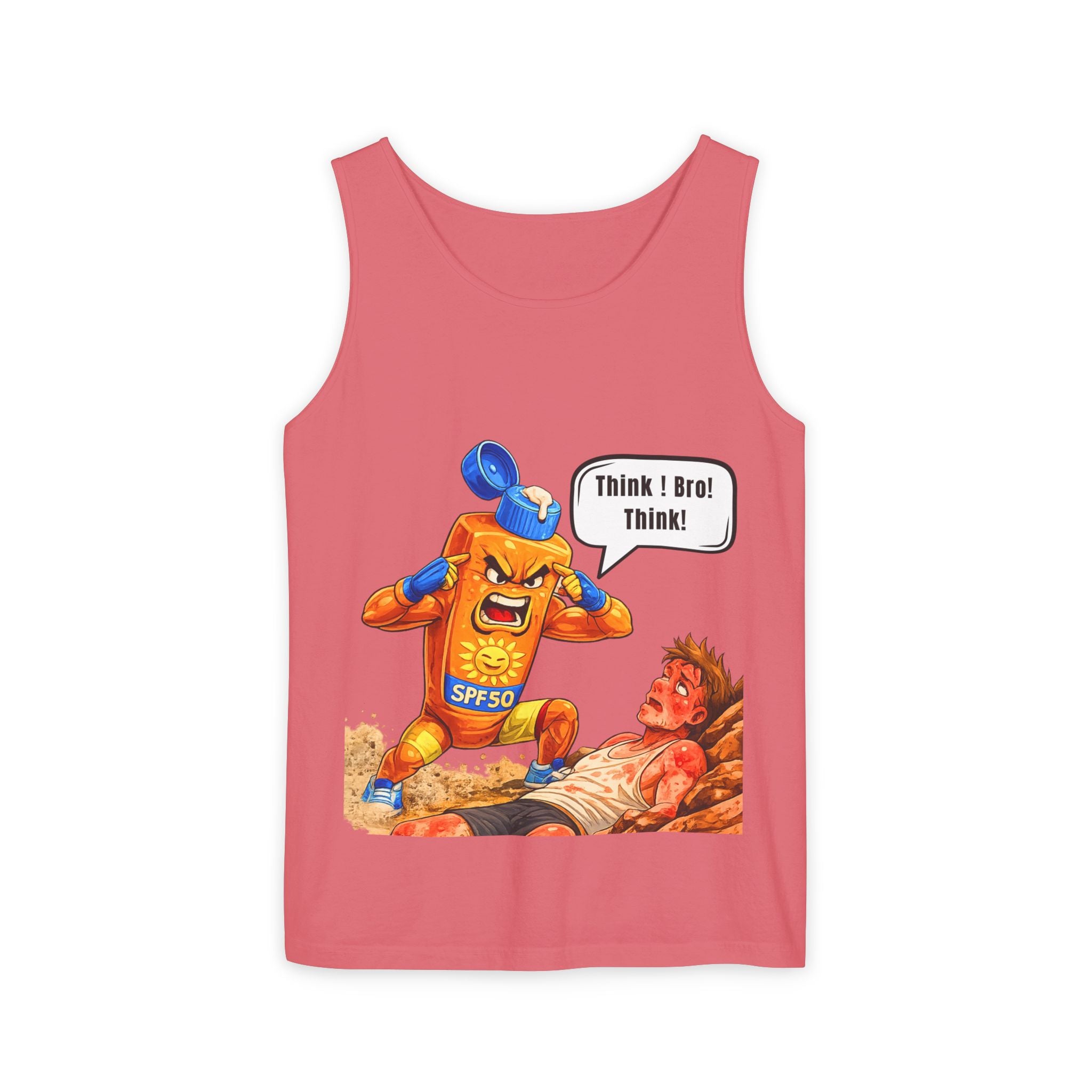 Sunscreen Mascot Tank Top — "Think! Bro! Think!" Vintage Safety Graphic