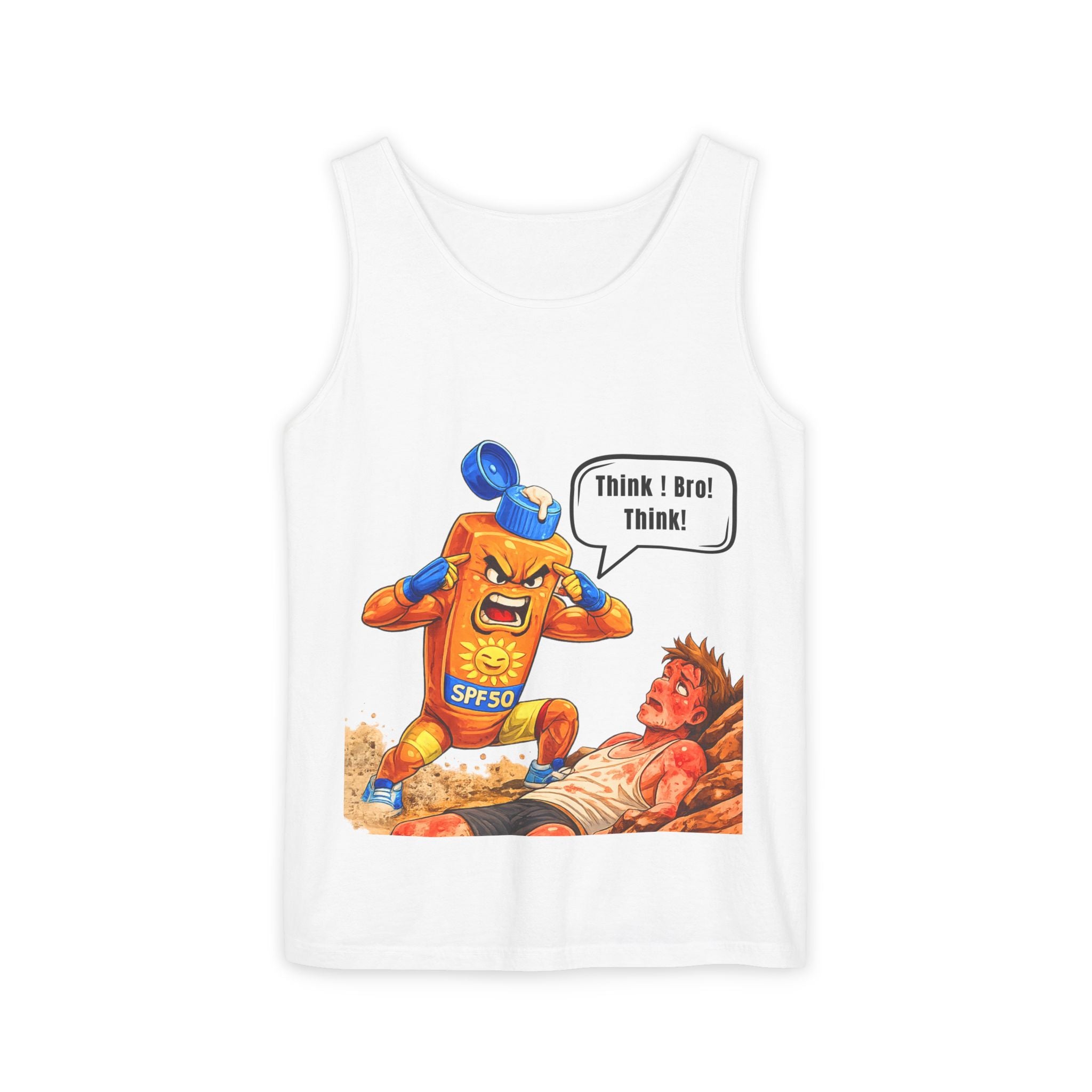 Sunscreen Mascot Tank Top — "Think! Bro! Think!" Vintage Safety Graphic