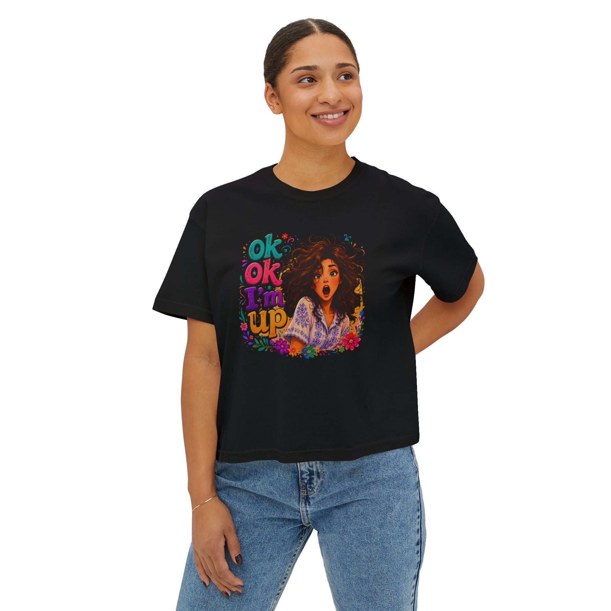 Women's Boxy Tee — 'Ok Ok I'm Up' Retro Floral Graphic Crop Top