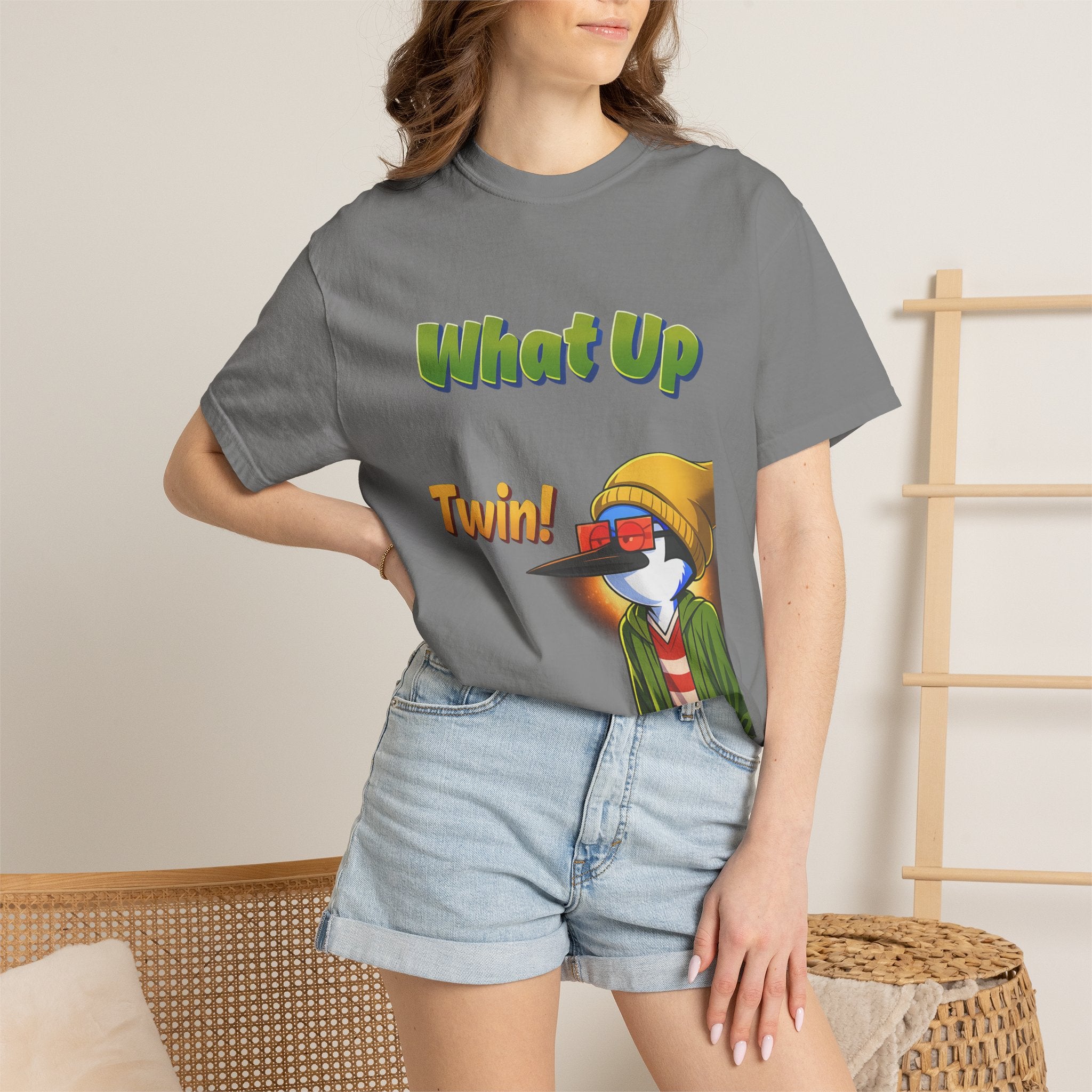Green What Up Twin! Graphic T-Shirt — Cute Cartoon Character Tee