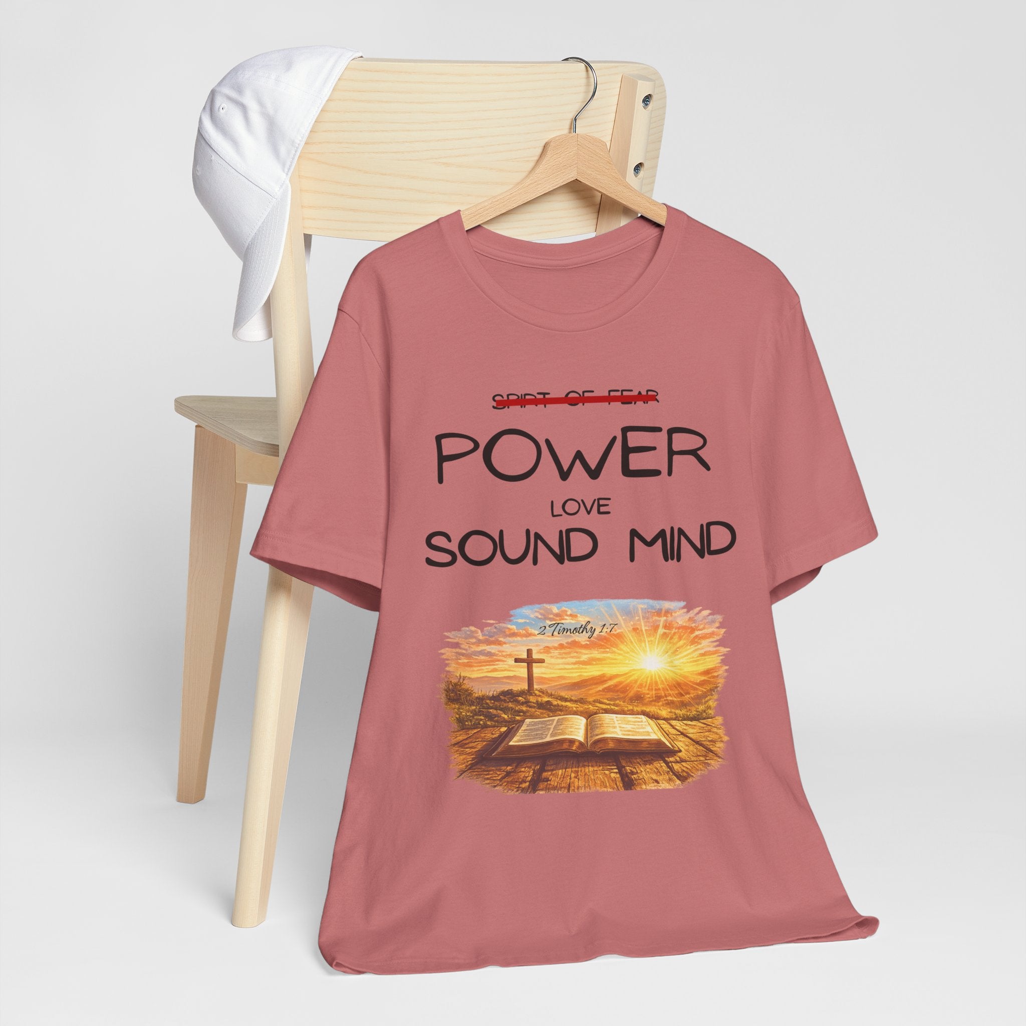Power, Love, Sound Mind Christian T-Shirt — Bible Cross Sunrise Faith Tee