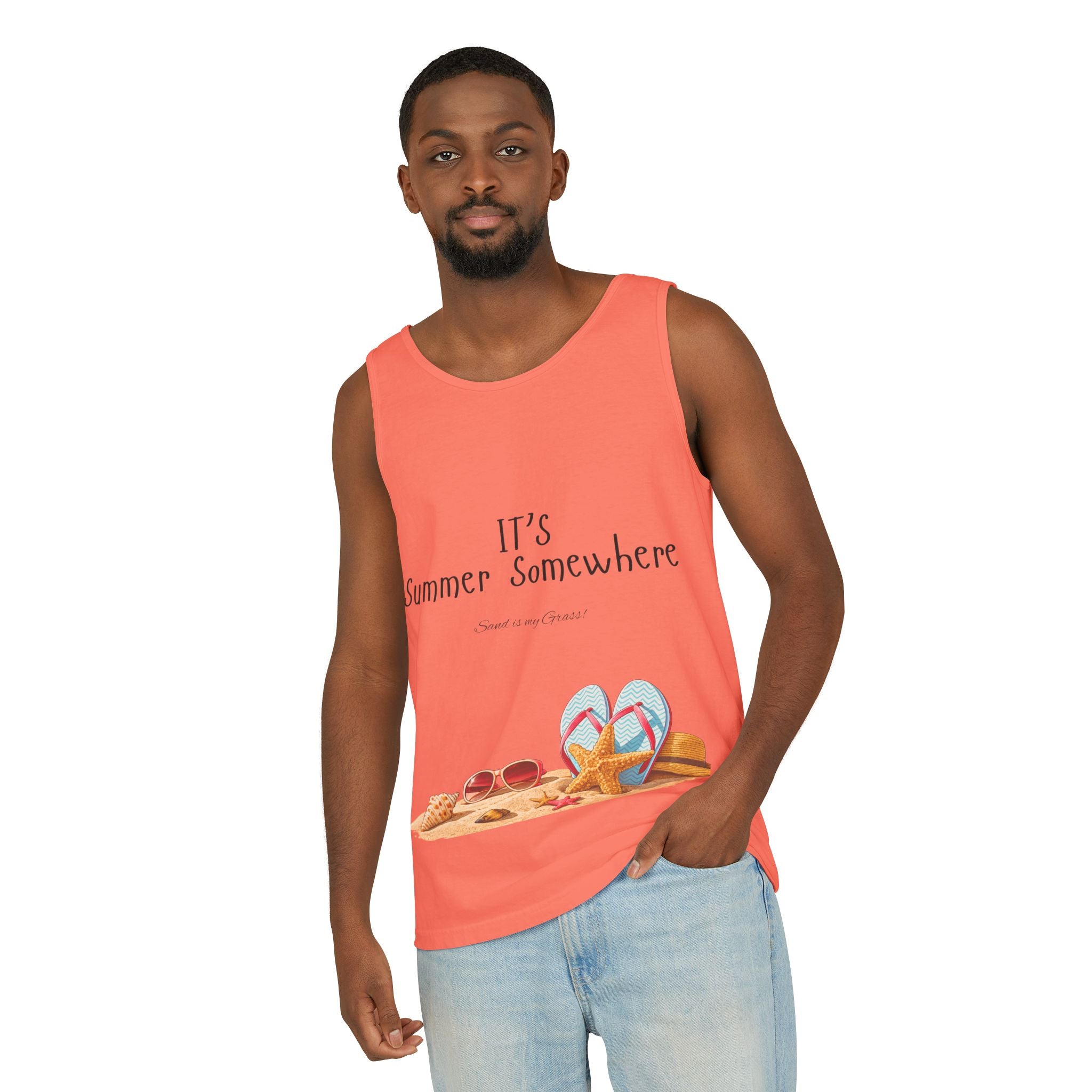 Beach Vibes Tank Top — "It’s Summer Somewhere" Flip-Flop & Sand Graphic