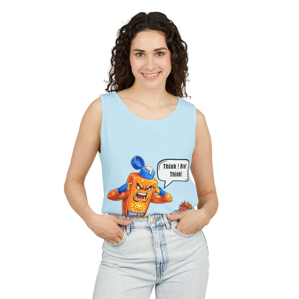 Sunscreen Mascot Tank Top — "Think! Bro! Think!" Vintage Safety Graphic