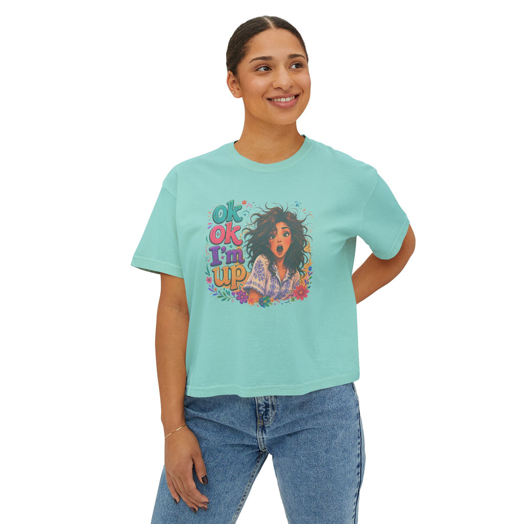 Women's Boxy Tee — 'Ok Ok I'm Up' Retro Floral Graphic Crop Top
