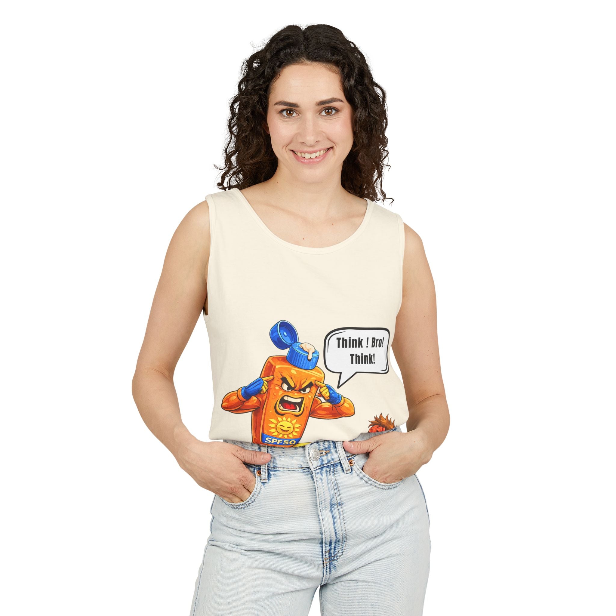 Sunscreen Mascot Tank Top — "Think! Bro! Think!" Vintage Safety Graphic