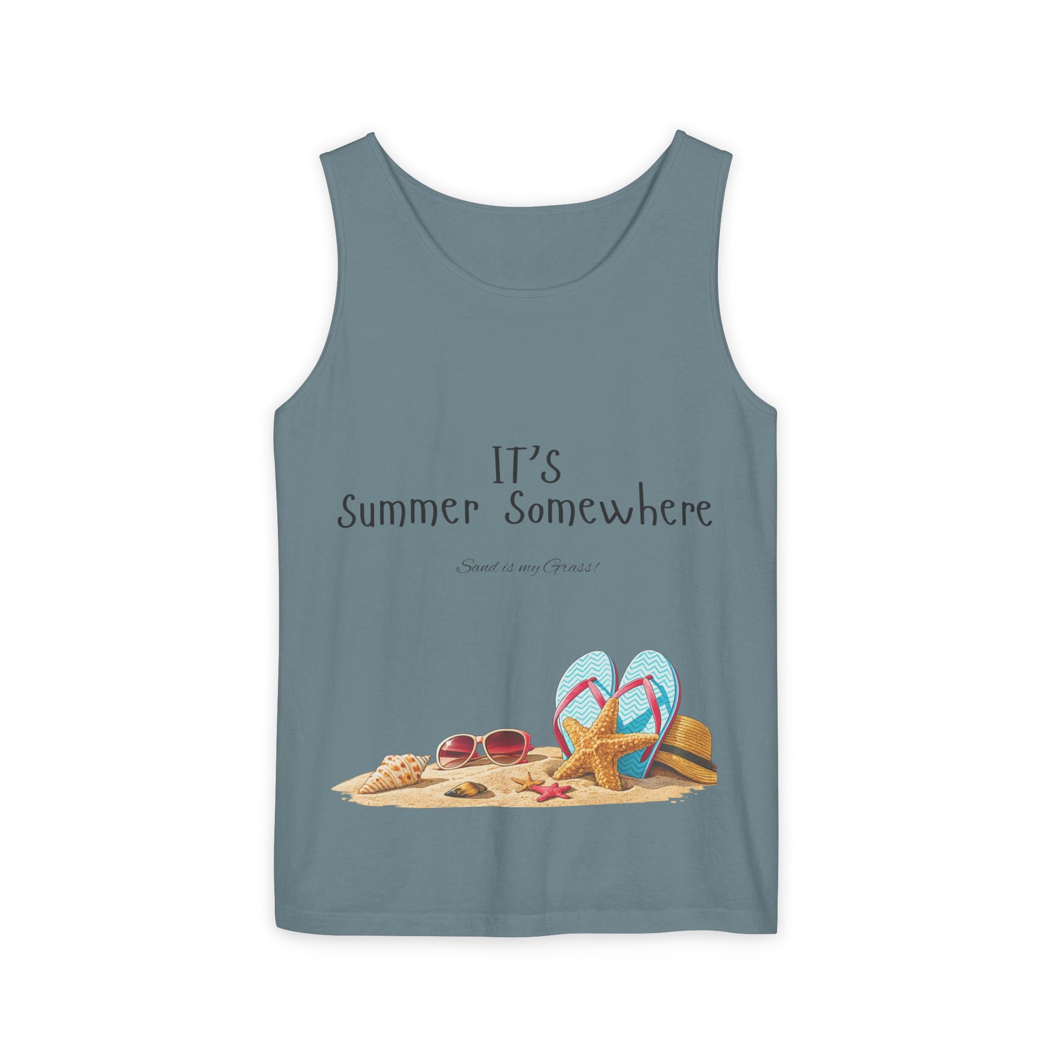 Beach Vibes Tank Top — "It’s Summer Somewhere" Flip-Flop & Sand Graphic