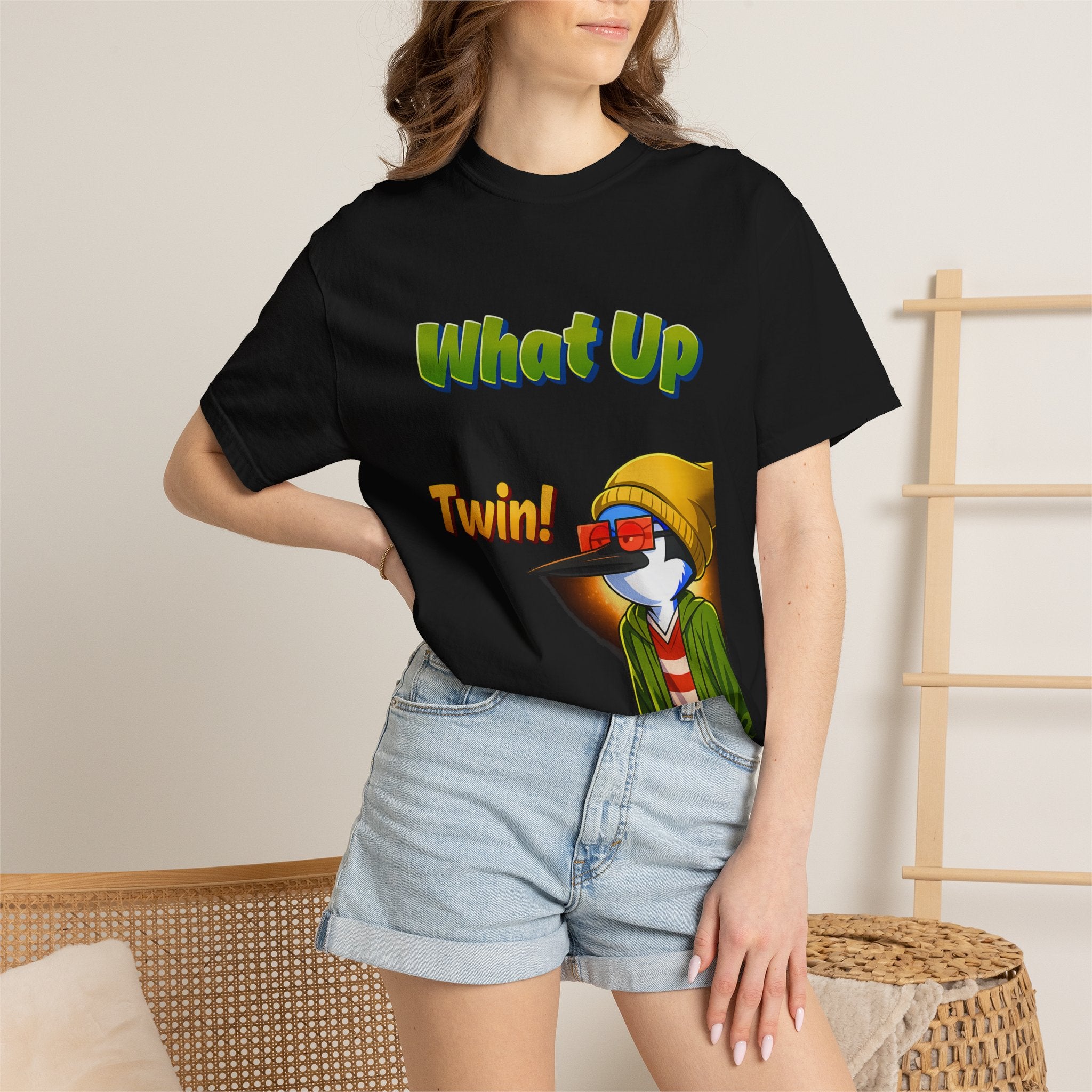 Green What Up Twin! Graphic T-Shirt — Cute Cartoon Character Tee