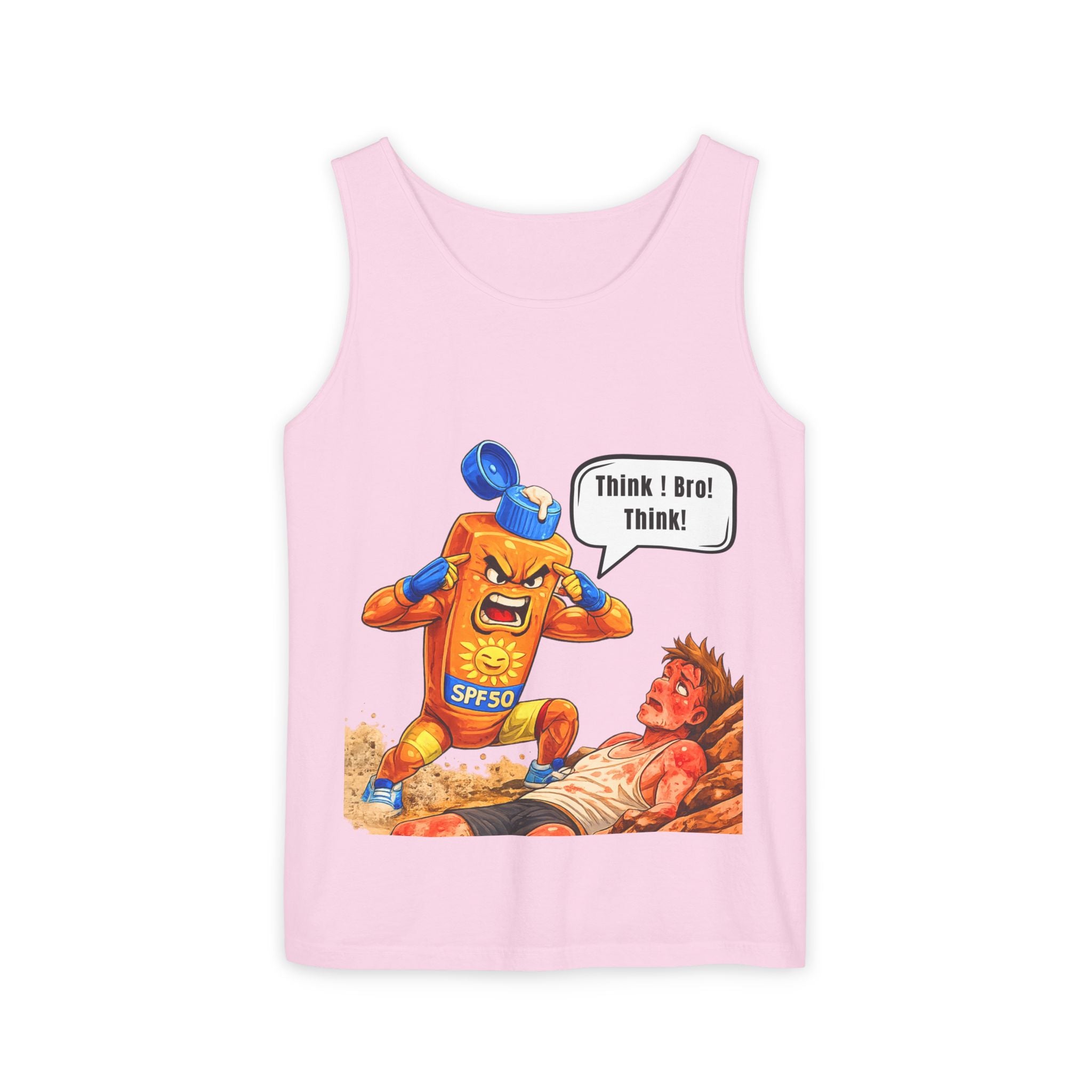 Sunscreen Mascot Tank Top — "Think! Bro! Think!" Vintage Safety Graphic