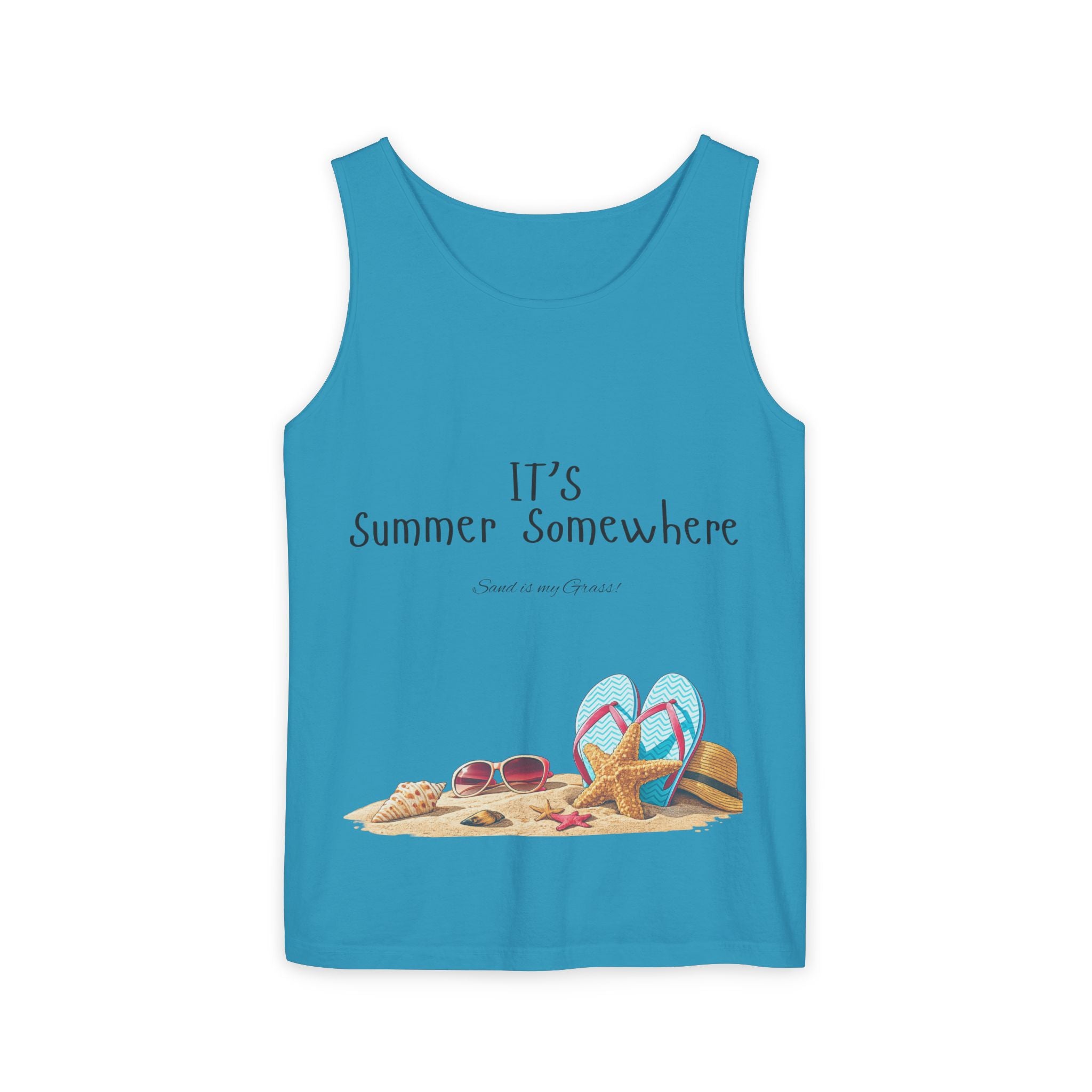 Beach Vibes Tank Top — "It’s Summer Somewhere" Flip-Flop & Sand Graphic