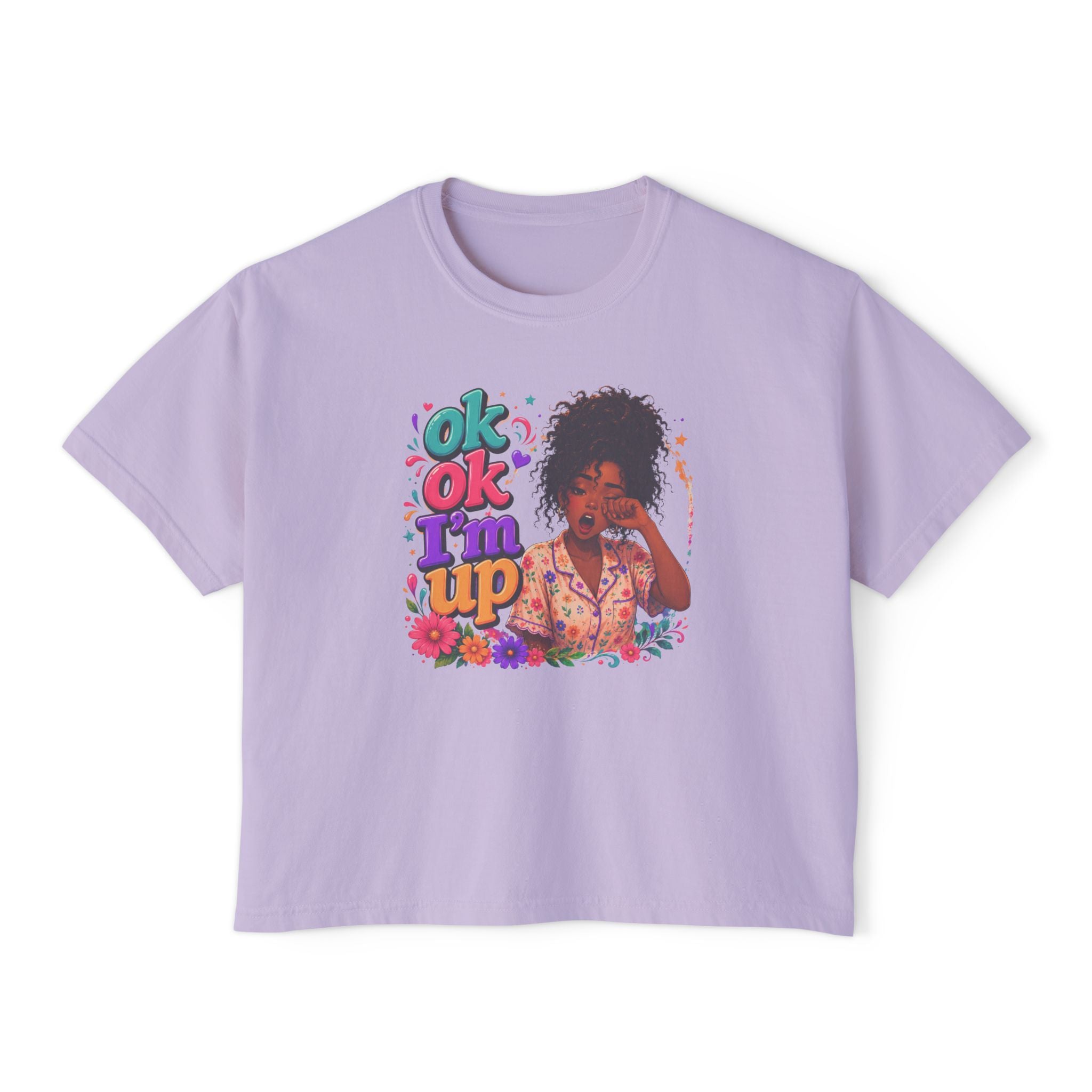 Women's 'Ok Ok I'm Up' Boxy Tee - Retro Floral Graphic Cropped T-Shirt