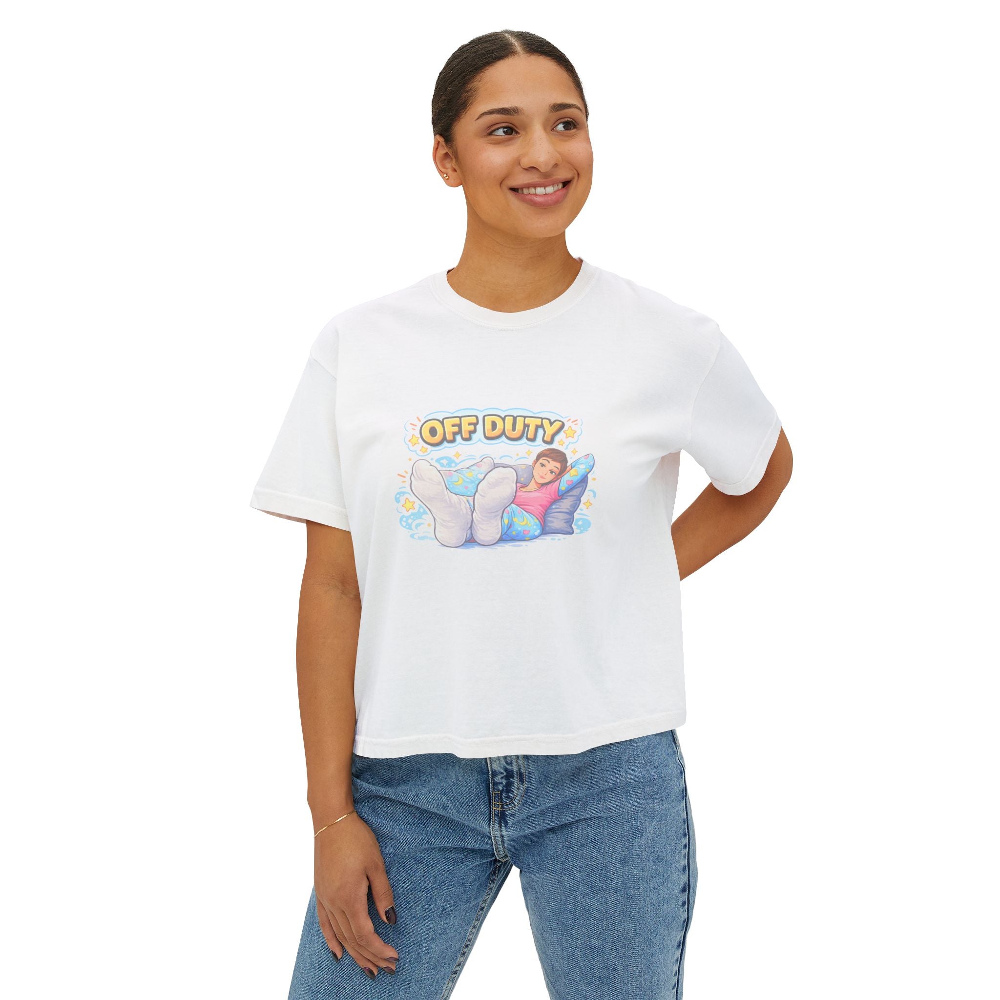 Off Duty Women's Boxy Tee — Relaxed 'Off Duty' Graphic Shirt