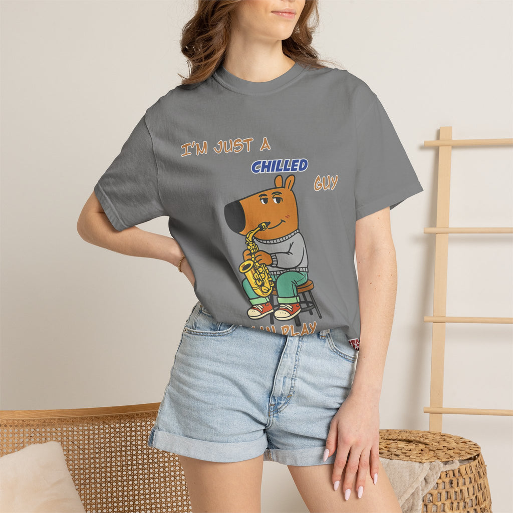 Chilled Saxophone Dog T-Shirt — "I'm Just a Chilled Guy But I Can Play Them Saxophones"