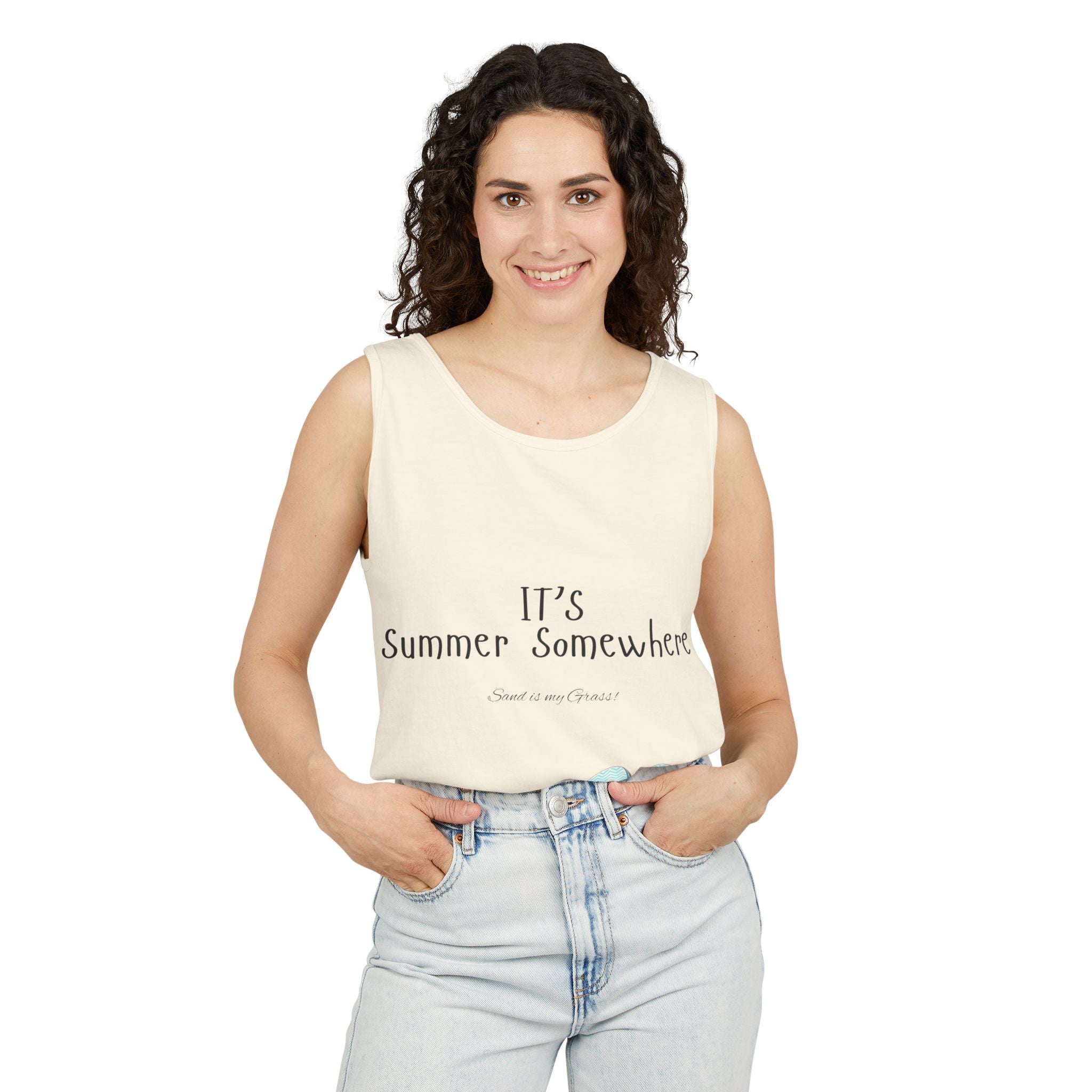 Beach Vibes Tank Top — "It’s Summer Somewhere" Flip-Flop & Sand Graphic