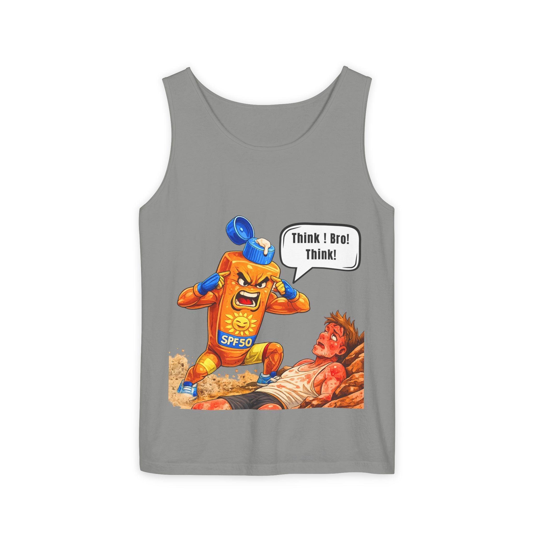 Sunscreen Mascot Tank Top — "Think! Bro! Think!" Vintage Safety Graphic