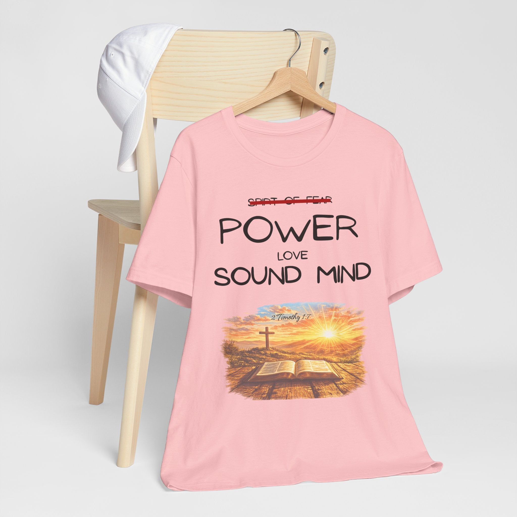 Power, Love, Sound Mind Christian T-Shirt — Bible Cross Sunrise Faith Tee